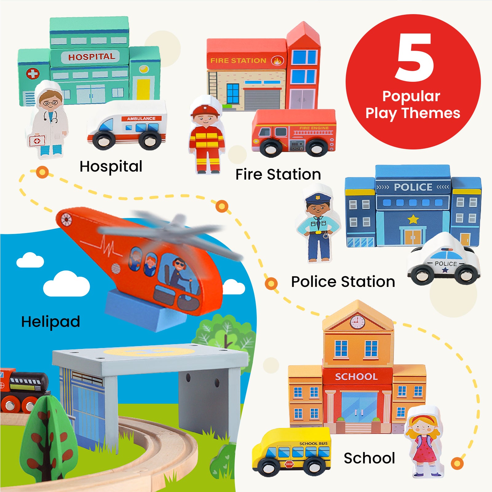 The Tiny Land® 110-Piece Wooden Train Set includes hospital, fire station, police station, helipad, and school buildings with vehicles and figures—great for creative play on city mats or pairing with other Tiny Land sets.