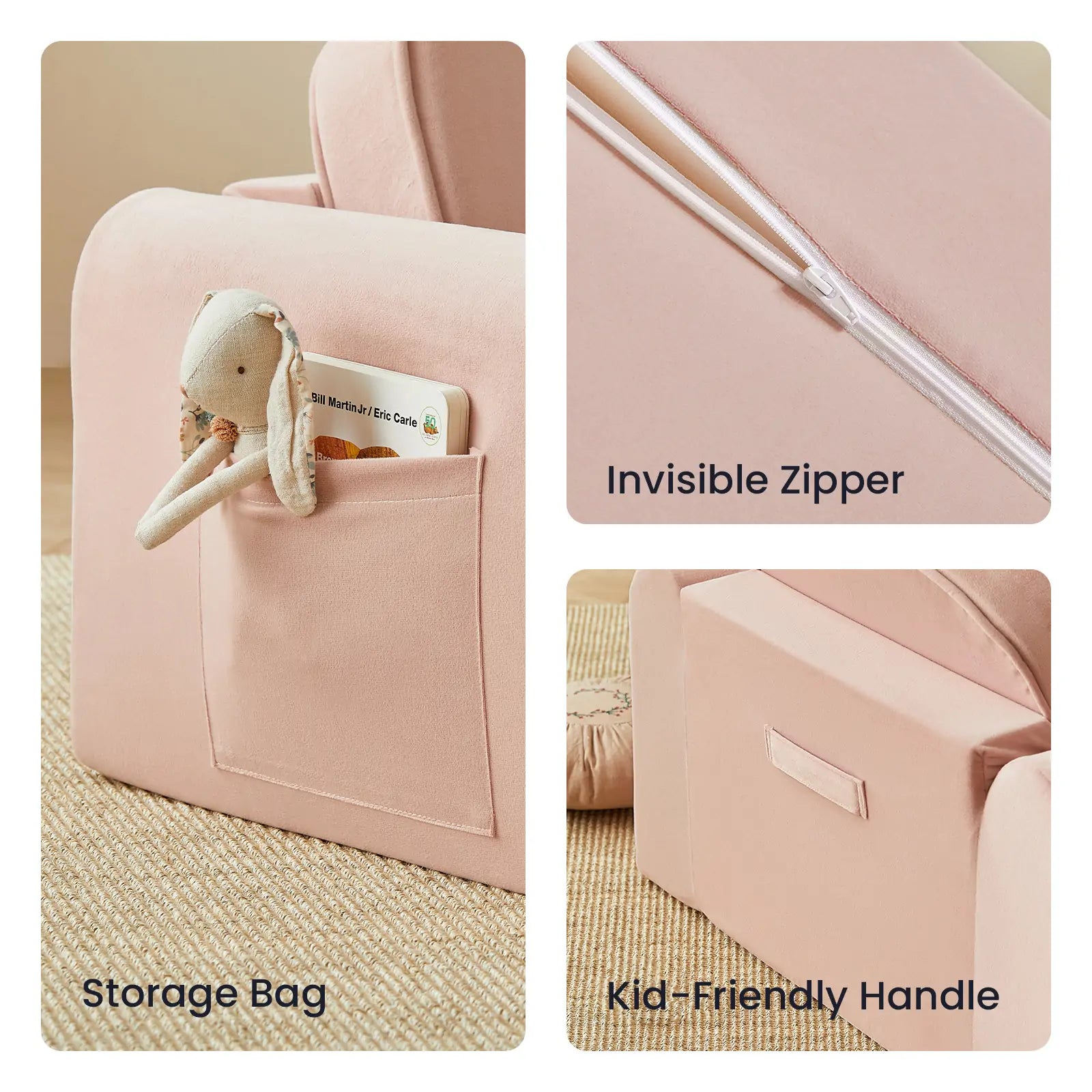 Collage of the Tiny Land® GentleSnug Kid Chair - Pink showcases a side pocket with toy and book, close-up of invisible zipper, and back view with kid-friendly handle. Text: Storage Bag, Invisible Zipper, Kid-Friendly Handle. Ideal playroom furniture by Tiny Land!.
