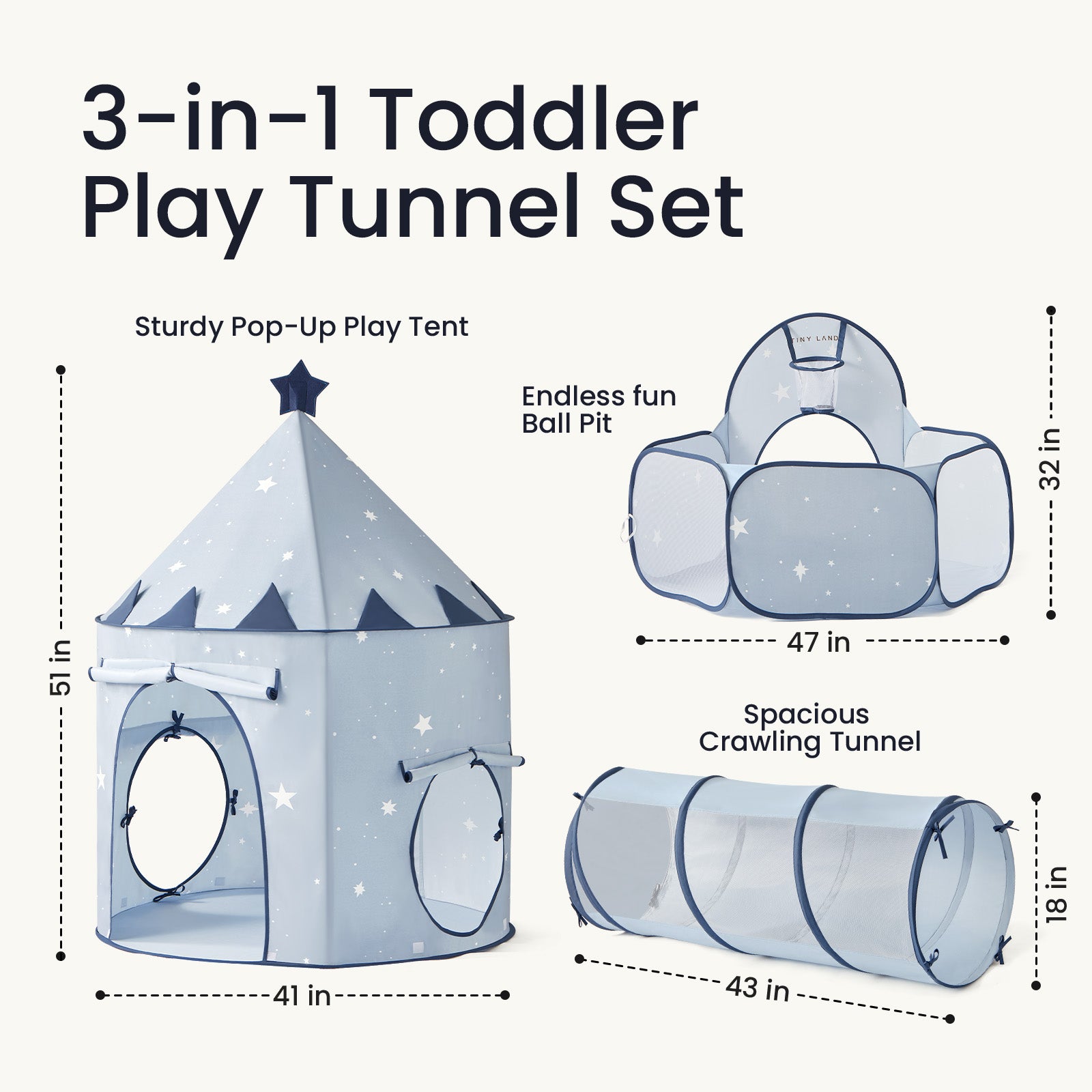 Tiny Land® Compact Adventure 3-in-1 Play Tunnel in blue with stars, includes a 51” play tent, 47” ball pit, and 43” tunnel—each labeled with dimensions. By Tiny Land.