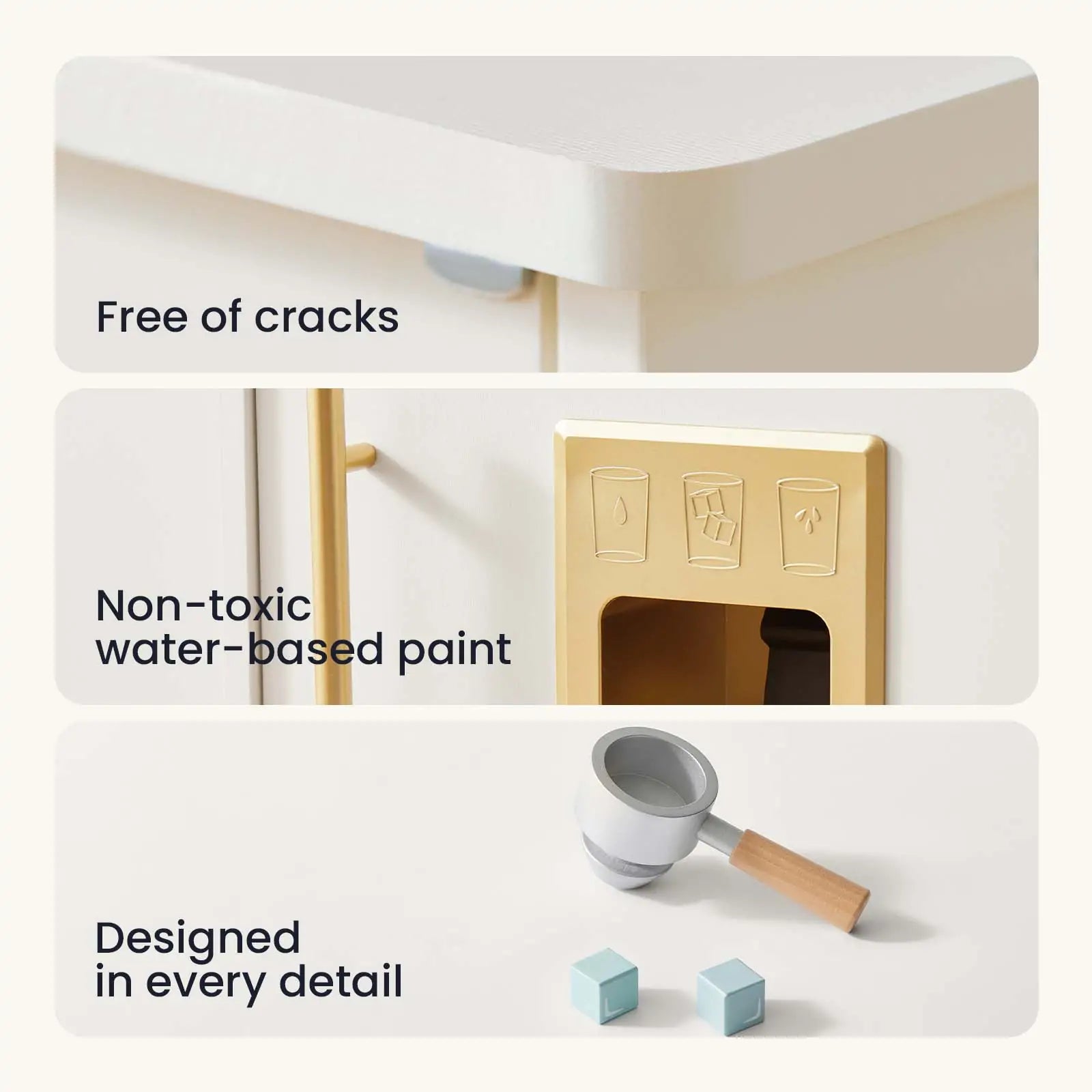 Three panels highlight Tiny Land® Play Kitchen with Running Water: a smooth, crack-free surface; yellow icons for non-toxic water-based paint; and a toy scoop with blocks labeled designed in every detail—perfect for pretend play or your water play kitchen.