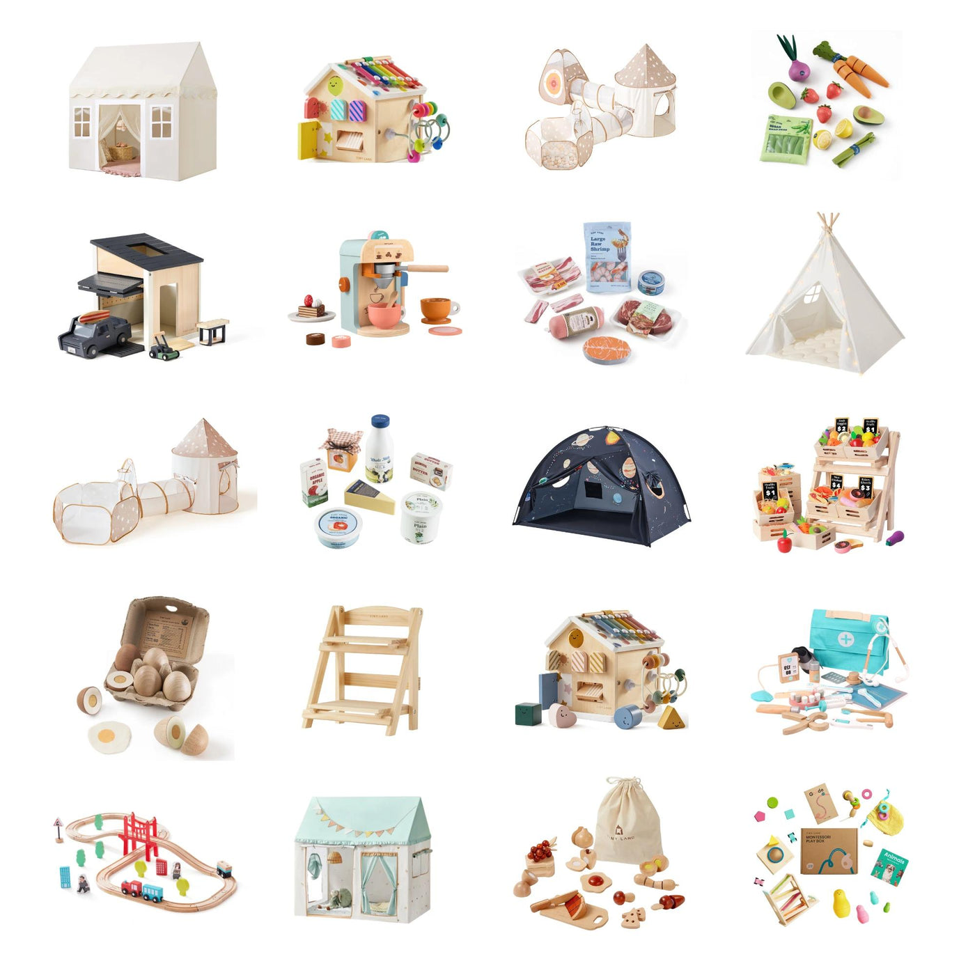 A collage of Tiny Land INC children's toys—including playhouses, play food, kitchens, tents, market stands, and vehicles from the Tiny Land® Mystery Surprise Box—arranged in a 5x4 grid on a white background.