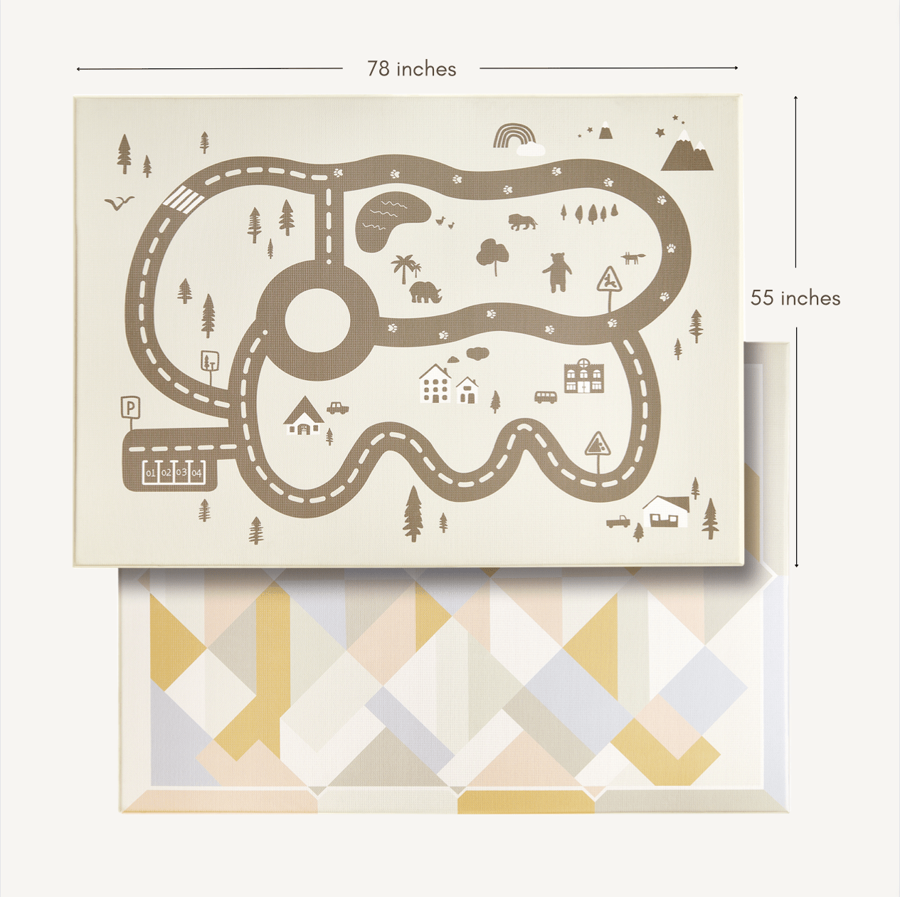 The Tiny Land® Double-Sided Baby Playmat Urban Zoo Adventure (78 x 55) features a road map scene and soft geometric pattern, crafted from durable GFOAM for comfort. Made by Tiny Land, it offers reversible fun and style for your baby.