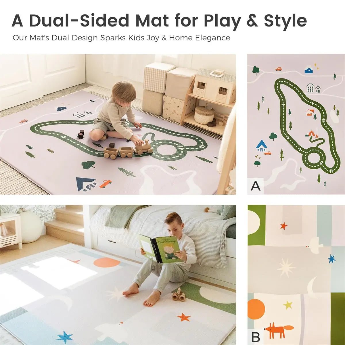 The Tiny Land® Double-Sided Baby Playmat Forest Track Wonder by Tiny Land is made of waterproof GFOAM. One side shows a road and scenery, the other has colorful shapes and animals. Kids are playing and reading on the mat in a childs room.
