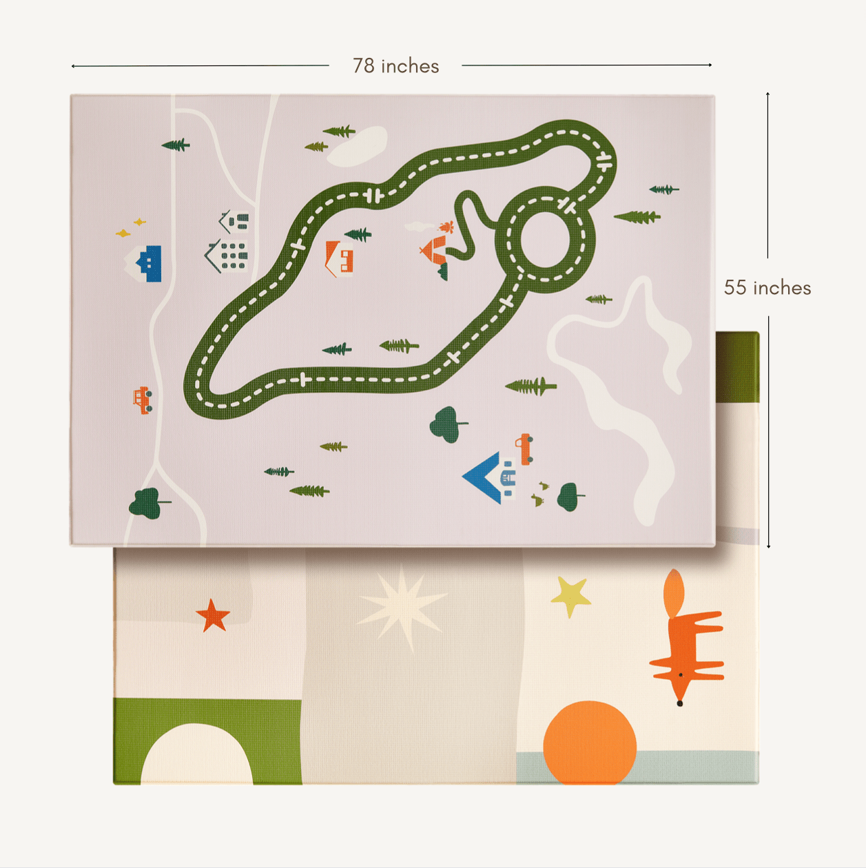 The Tiny Land® Double-Sided Baby Playmat Forest Track Wonder by Tiny Land features a 78x55-inch waterproof GFOAM mat with a green road, houses, and mountains on one side, and abstract shapes, stars, labeled measurements, and a fox on the other.