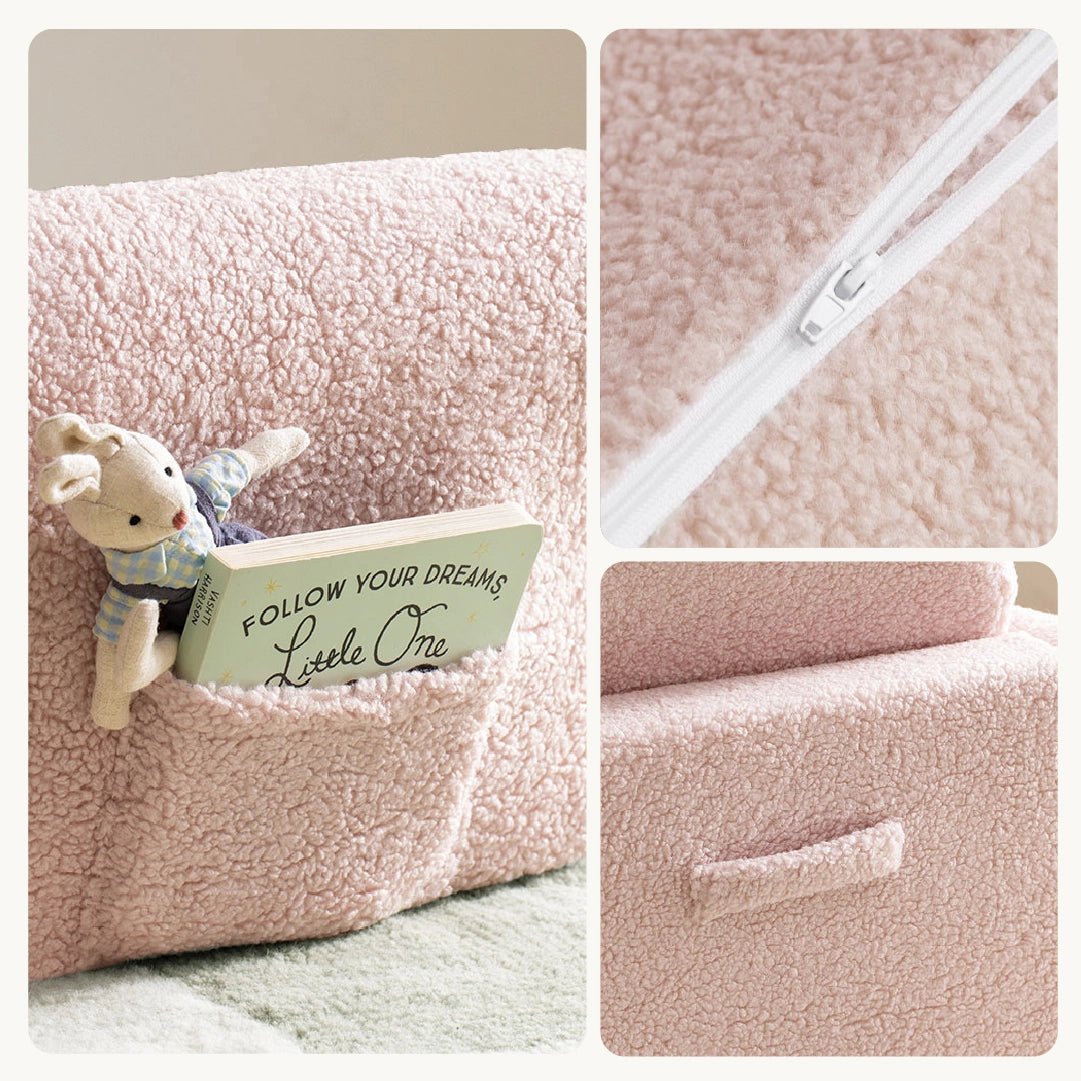 The Tiny Land® Afternoon Couch - Pink Kids Chair features a soft pink sherpa cushion with a pocket for a stuffed animal and book, plus a close-up zipper and small handle—ideal for pairing with any kids mattress or cozy toddler space.