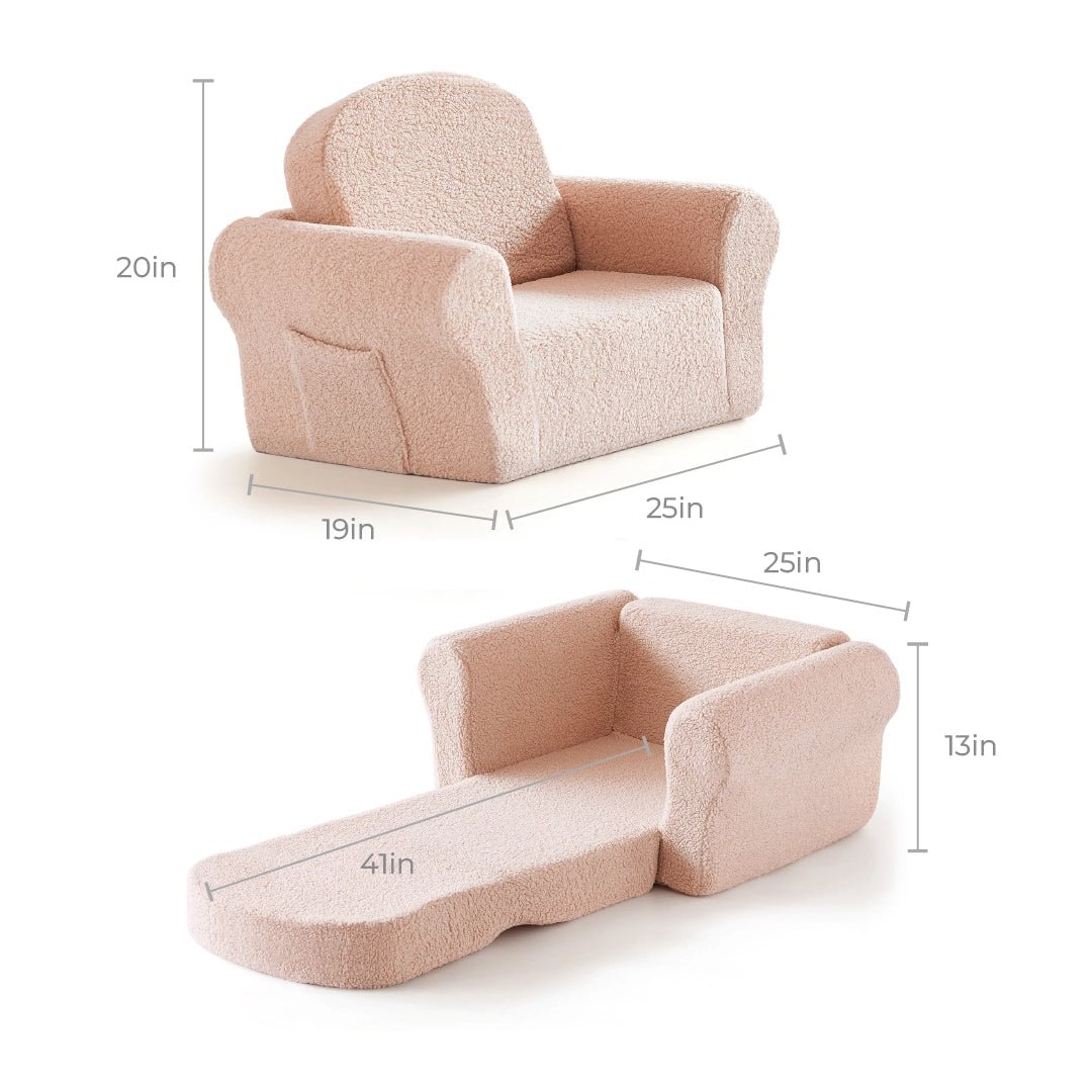 The Tiny Land® Afternoon Couch - Pink Kids Chair by Tiny Land is a soft, light pink toddler couch (25x19x20 in) that converts to a chaise lounge with an extended length of 41 in and a height of 13 in, perfect for children.