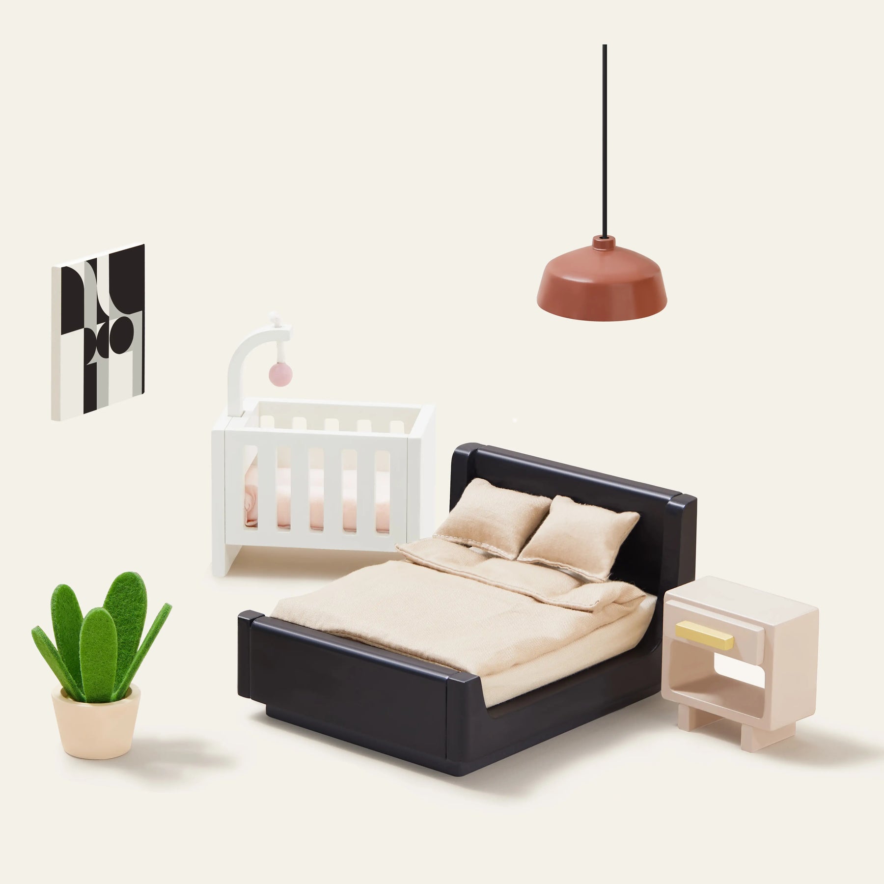 Enhance your Tiny Land® Sweetwood Edge Dollhouse with this modern bedroom set, featuring a black bed, beige bedding, white crib, nightstand, potted plant, hanging lamp, and abstract wall art—ideal for any stylish display.