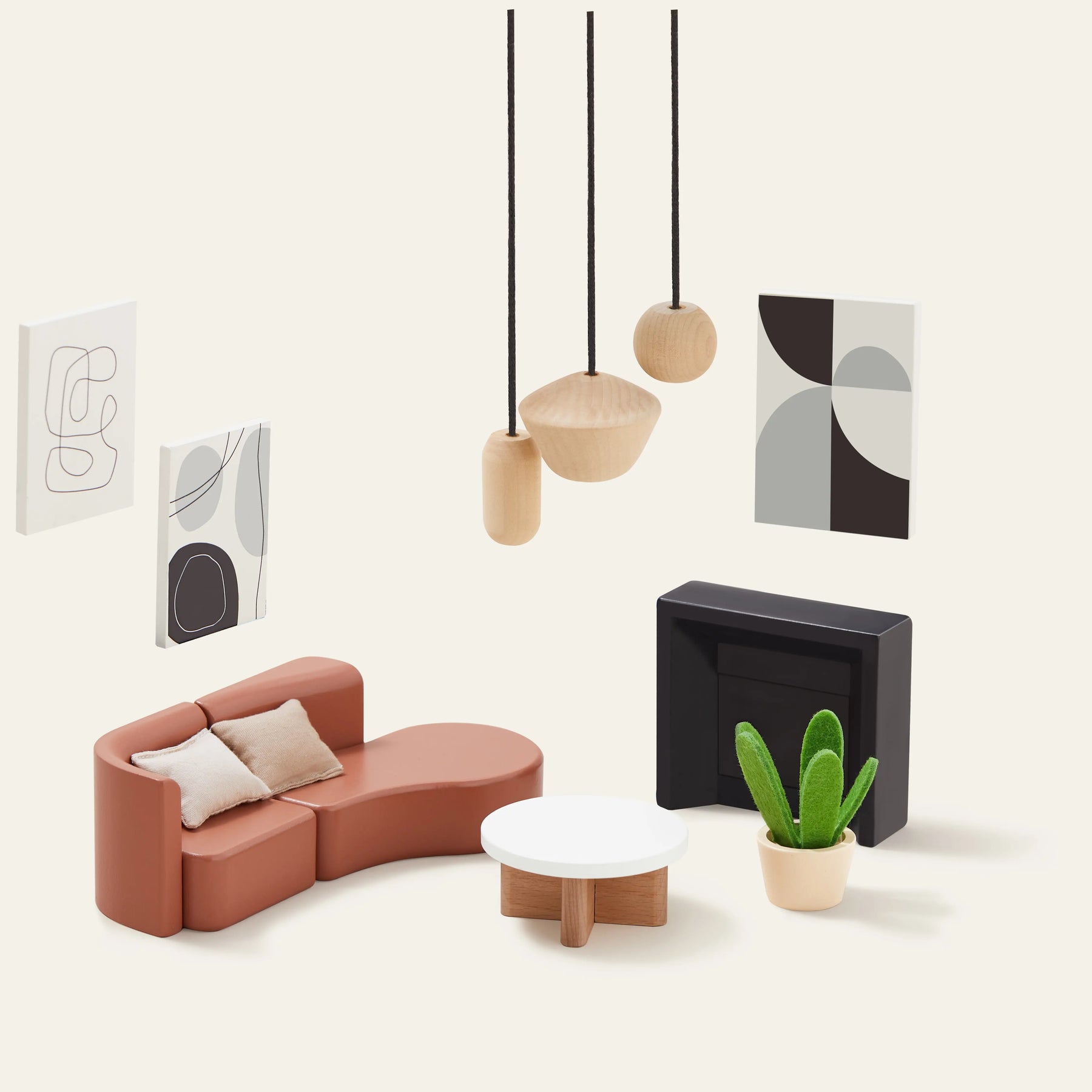 Enhance your Tiny Land® Sweetwood Edge Dollhouse with a modern living room set by Tiny Land, featuring a brown curved sofa, white round table, black fireplace, potted plant, pendant lights, and abstract art—ideal for mini family displays.