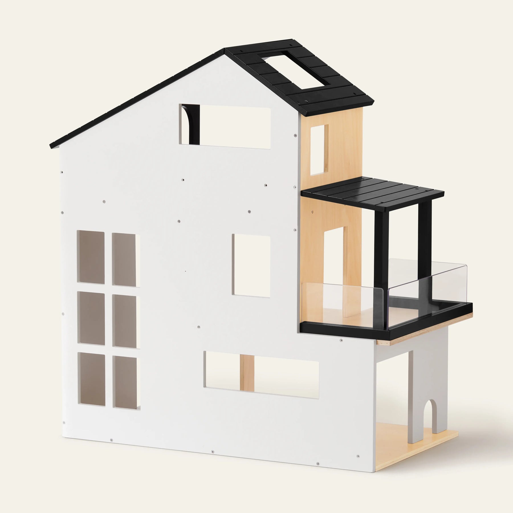 The Tiny Land® Sweetwood Edge Dollhouse features a modern, minimalist design with white walls, black roof and balcony details, large windows, and an open back—ideal for showcasing miniature families.