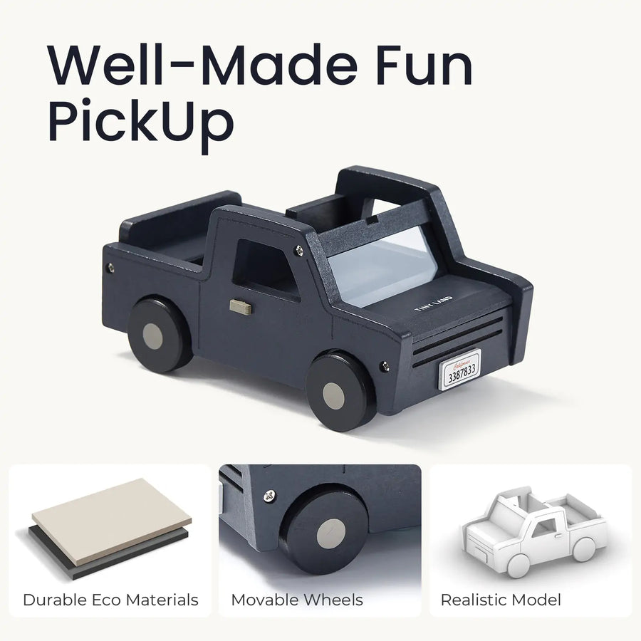 This dark-colored, eco-friendly toy pickup truck has movable wheels and realistic details. It’s the perfect accessory for your Tiny Land® Wooden Dollhouse - Garage, adding hours of imaginative play to your Tiny Land set.