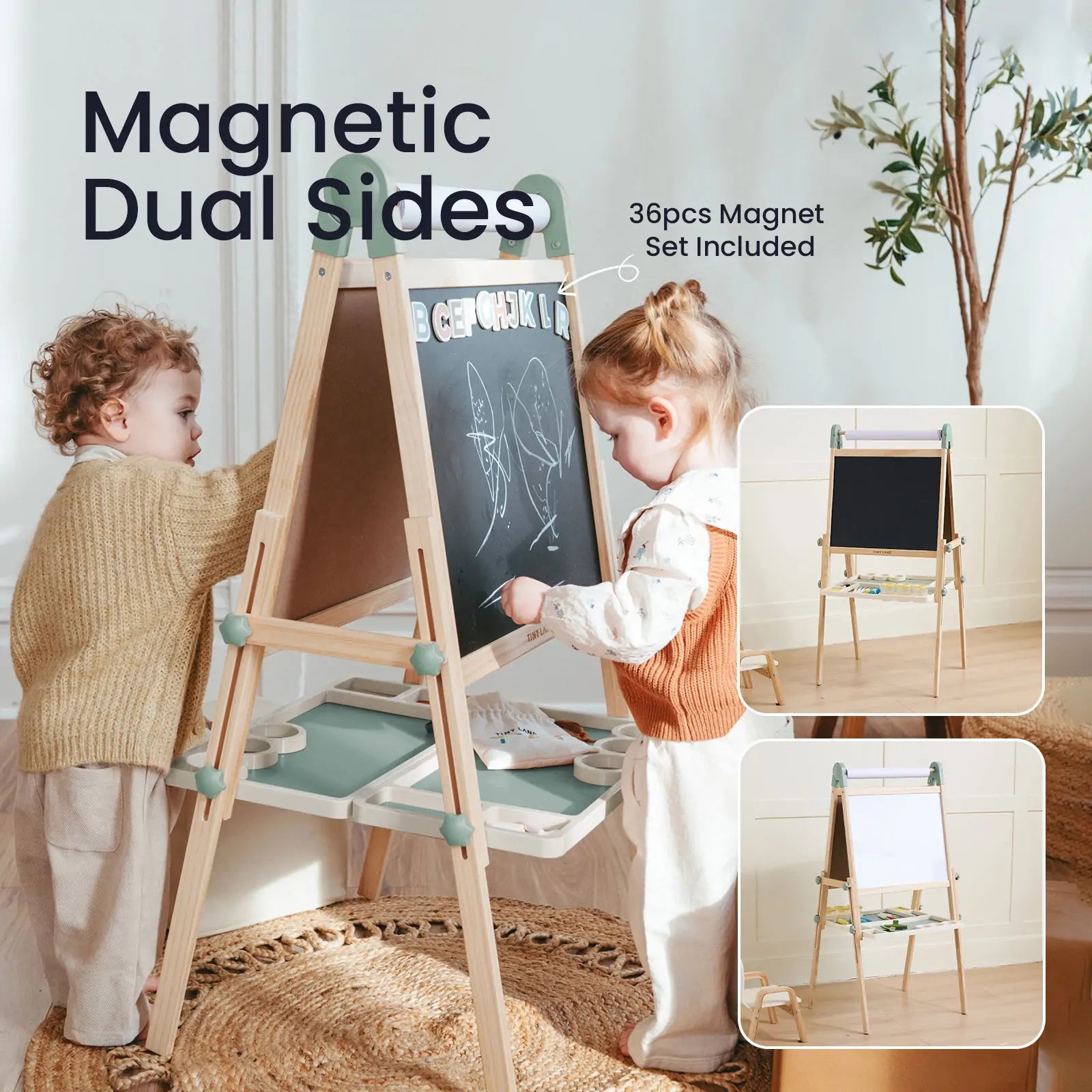 Two kids draw on the Tiny Land® Magnitales Easel for Kids - Green, featuring chalkboard and whiteboard sides. Text says "Magnetic Dual Sides" and "36pcs Magnet Set Included." Insets show close-ups of the easel’s boards.