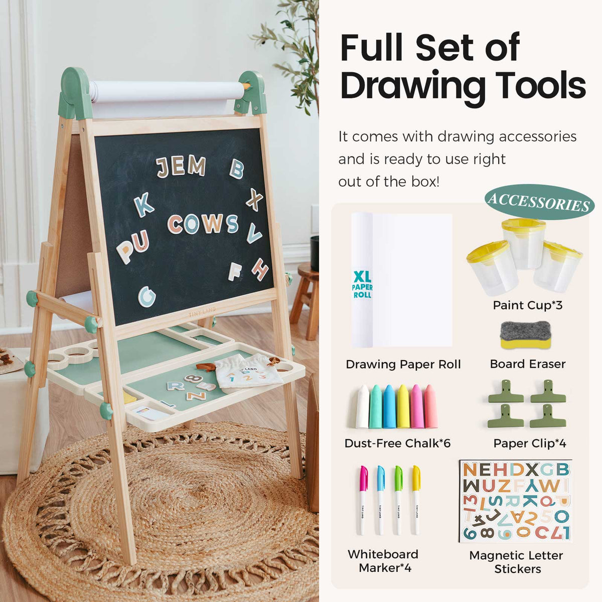 The Tiny Land Nature-inspired Play & Art Set includes the Sage Easel with a wooden frame, chalkboard, magnetic letters, drawing tools, paint cups, paper roll, eraser, clips, chalk, markers, magnetic letter stickers, plus Forest Play House.|green