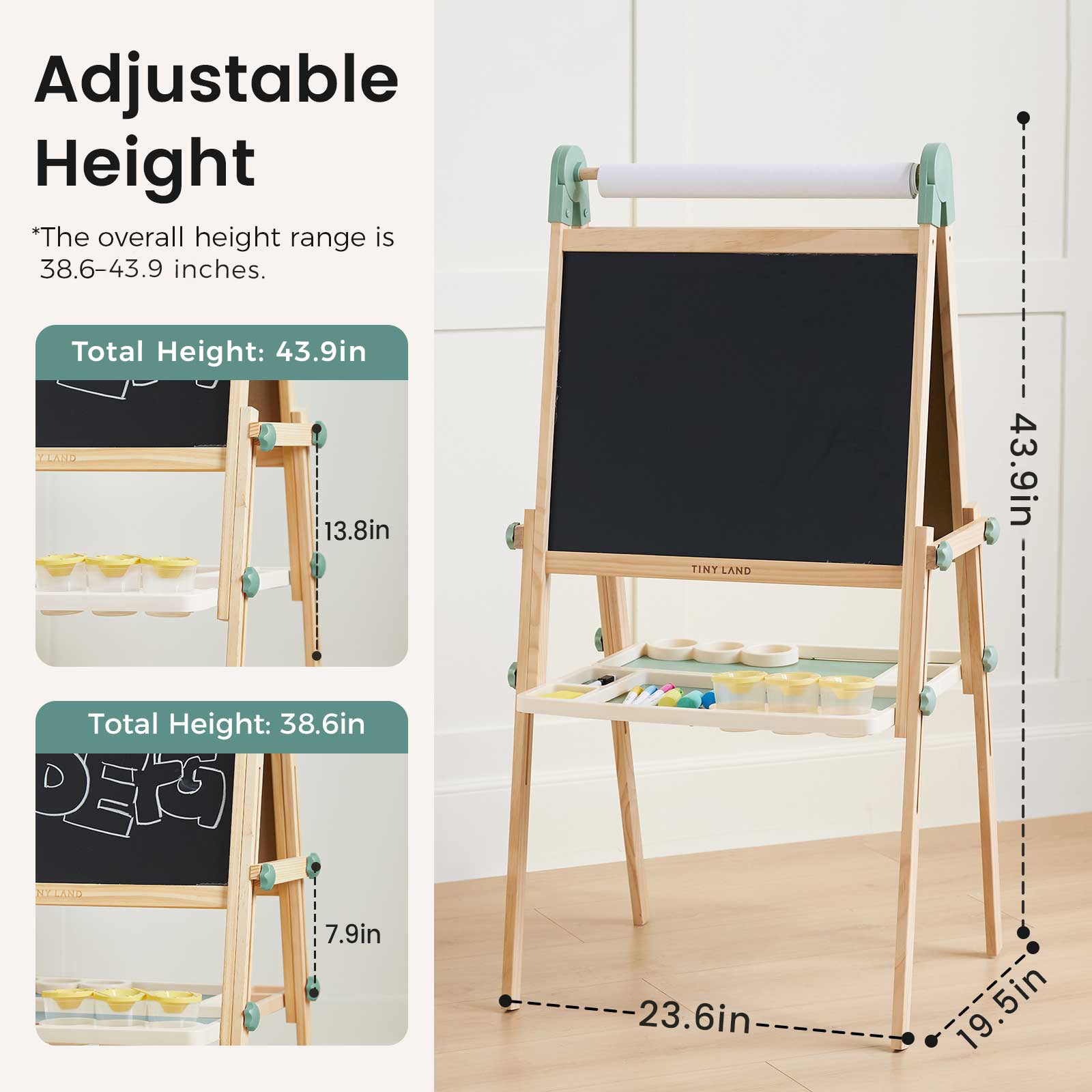 The Tiny Land® Magnitales Easel for Kids - Green features a blackboard, paper roll, white tray, and adjustable height from 38.6" to 43.9". Its sturdy base measures 23.6" wide by 19.5" deep—perfect for creative play!.