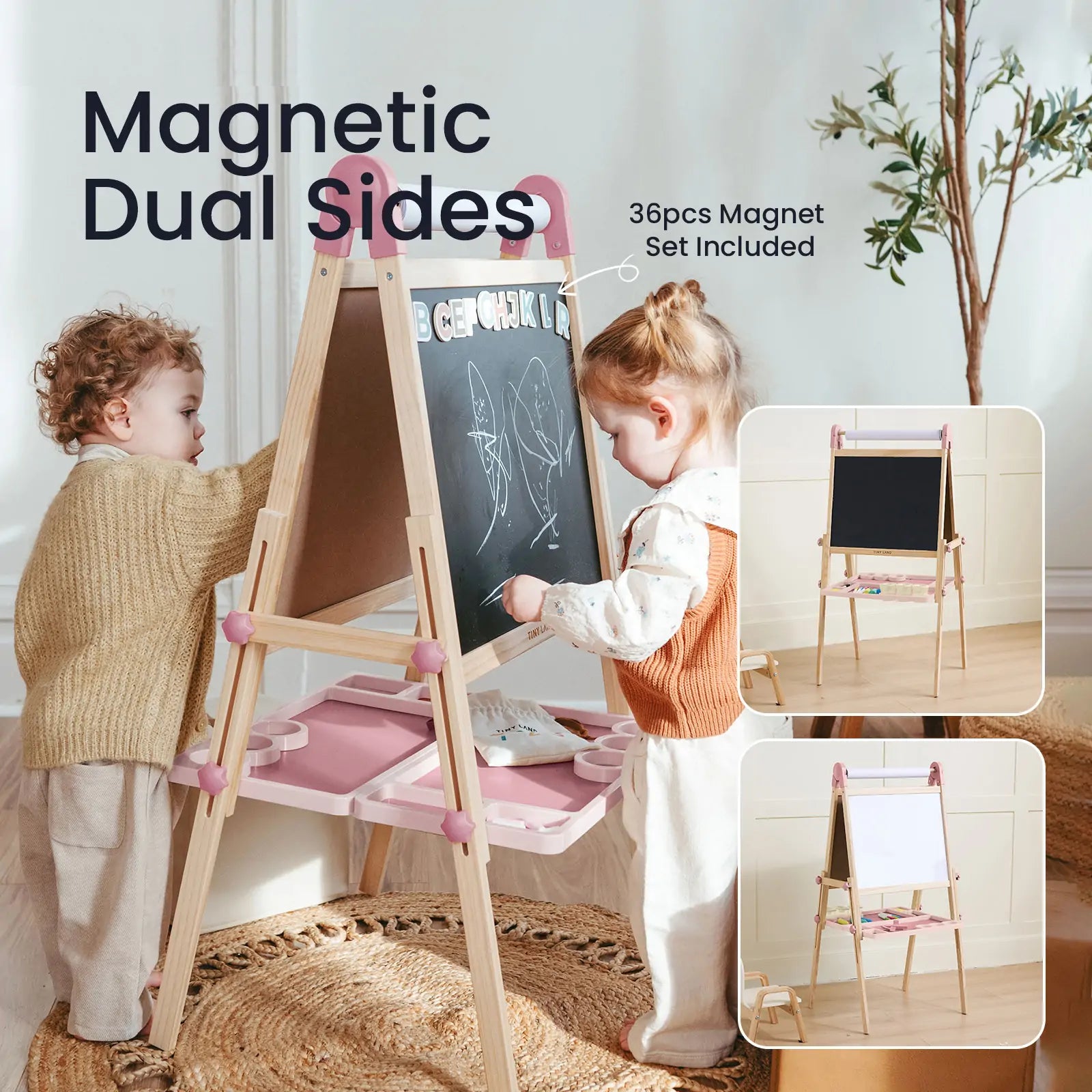 Two children draw on the Tiny Land® Magnitales Easel for Kids - Pink, a height-adjustable easel with magnetic chalkboard and whiteboard sides. Storage trays and magnetic pieces included. Insets show both sides with "Magnetic Dual Sides" text.