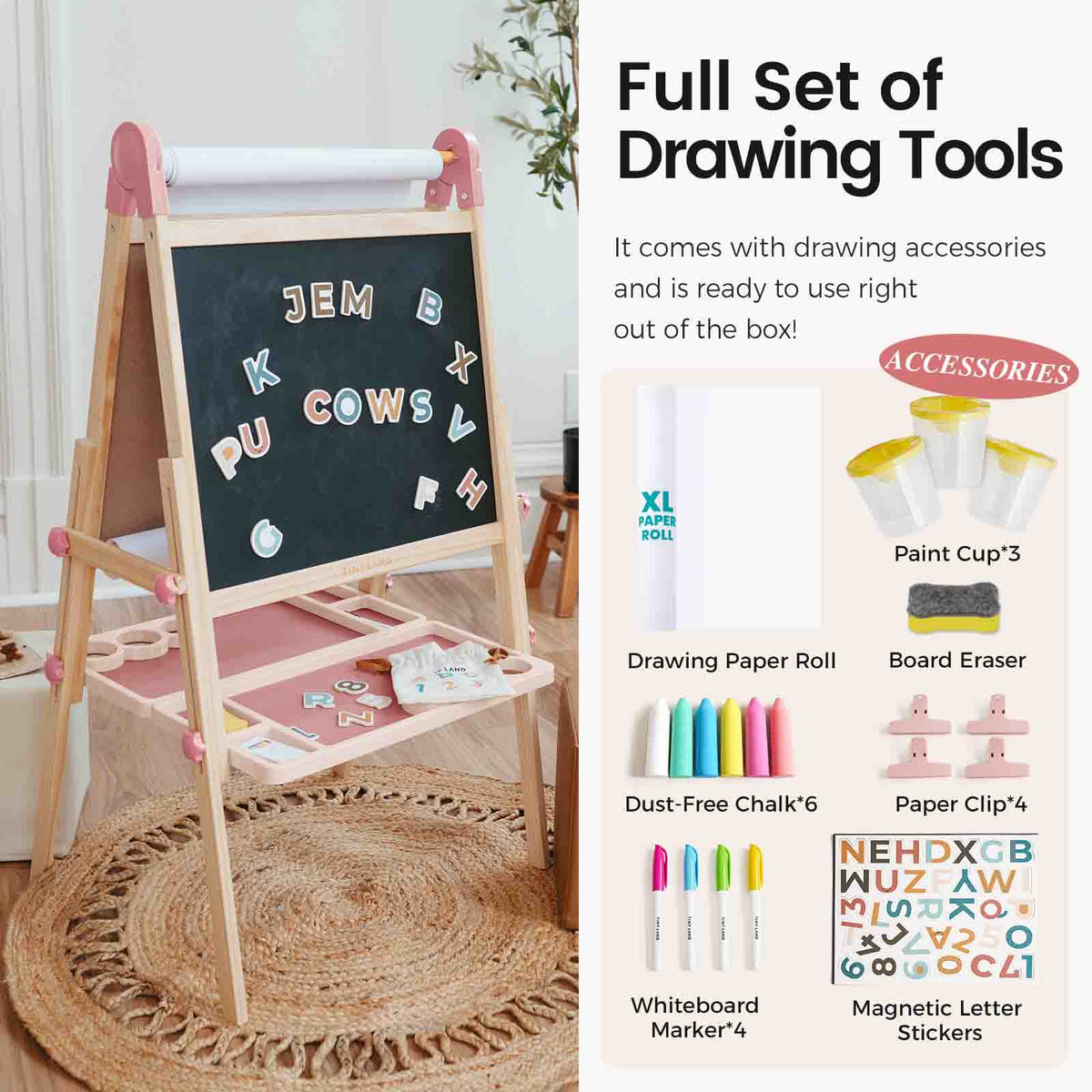 The Tiny Land® Magnitales Easel for Kids - Pink features a chalkboard, magnetic letter stickers, paint cups, paper roll, erasers, chalk, clips, and markers—a complete adjustable easel set by Tiny Land for creative play.