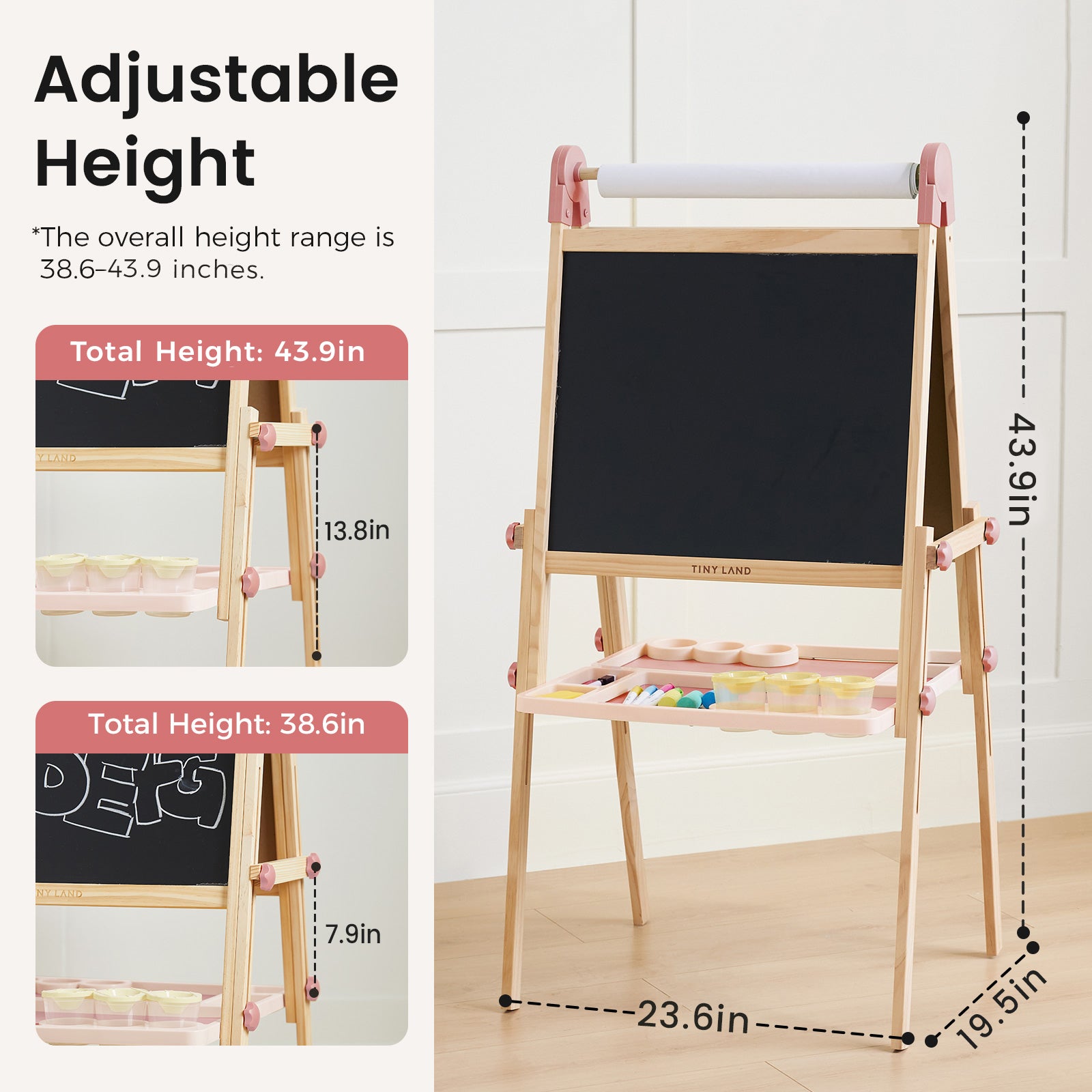 The Tiny Land® Magnitales Easel for Kids - Pink is shown with a blackboard, paper roll, storage tray, adjustable height from 38.6"–43.9", two tray heights (7.9"/13.8"), and clearly labeled dimensions throughout the image.