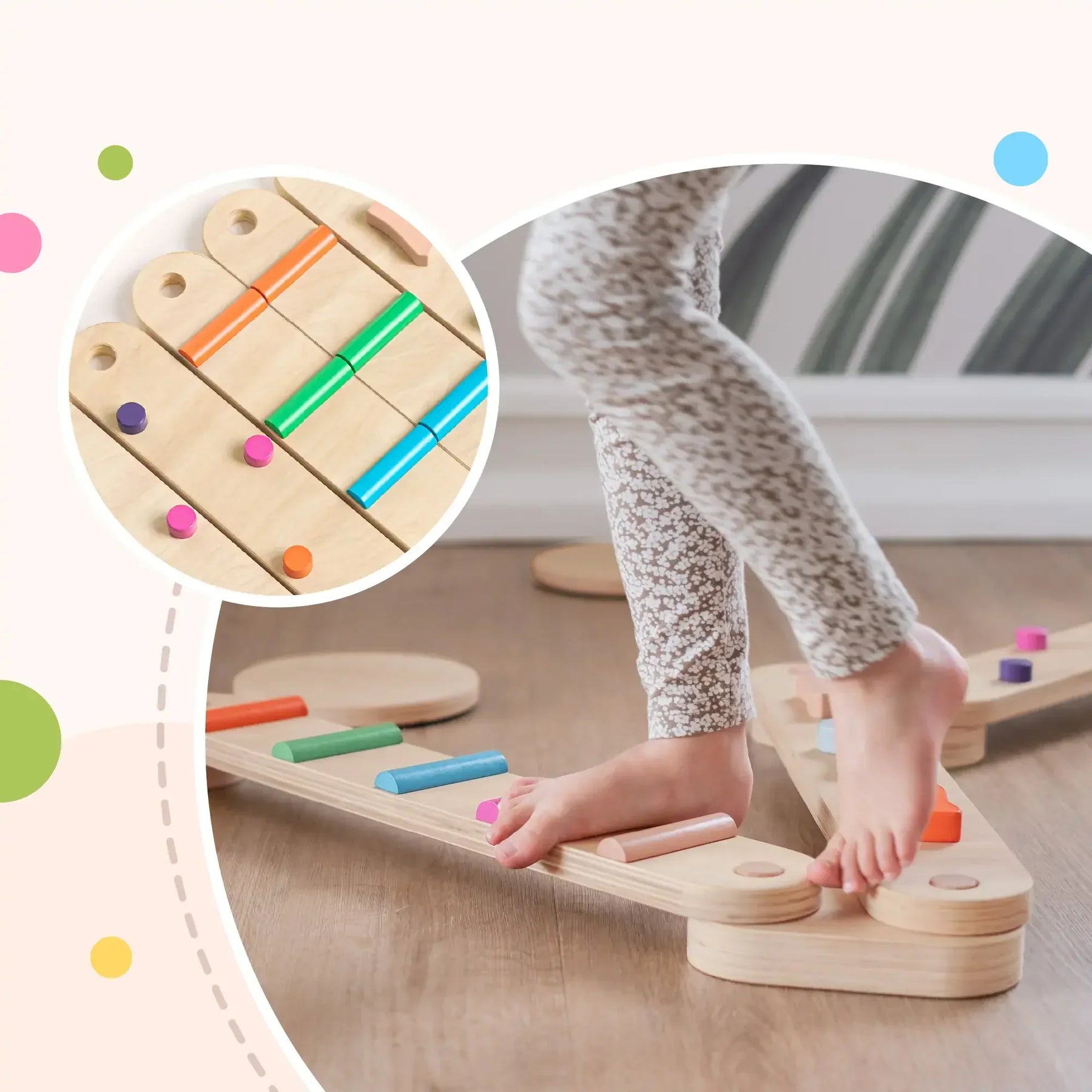 A child balances barefoot on the Tiny Land® Balance Beam, a wooden kids’ toy with colorful pegs. An inset shows a close-up of the pegs, while playful geometric shapes in the background highlight this fun coordination toy by Tiny Land.