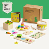 Tiny Land® Montessori Toys for Toddlers (13–15 Months) by Tiny Land features wooden toys, a color book, drum, stacking rings, veggie garden, and activity cards. A PLAY IS WORK! banner hangs above this educational set on a white and green background.