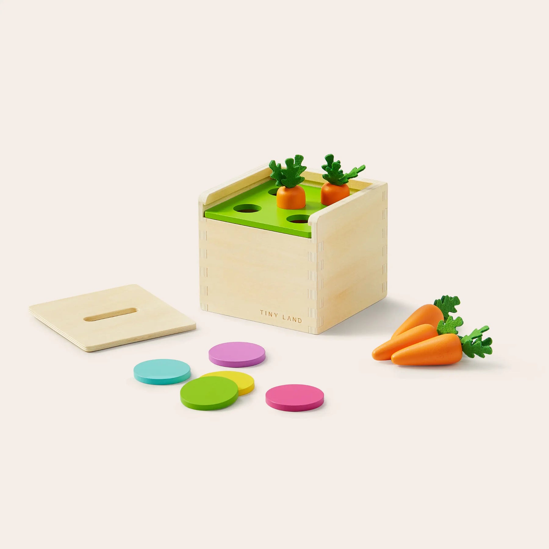 The Tiny Land® Montessori Toys for Toddlers (13–15 Months) by Tiny Land features a learning box with two toy carrots in holes, three beside it, a removable lid, and four colorful wooden discs, shown on a light background.