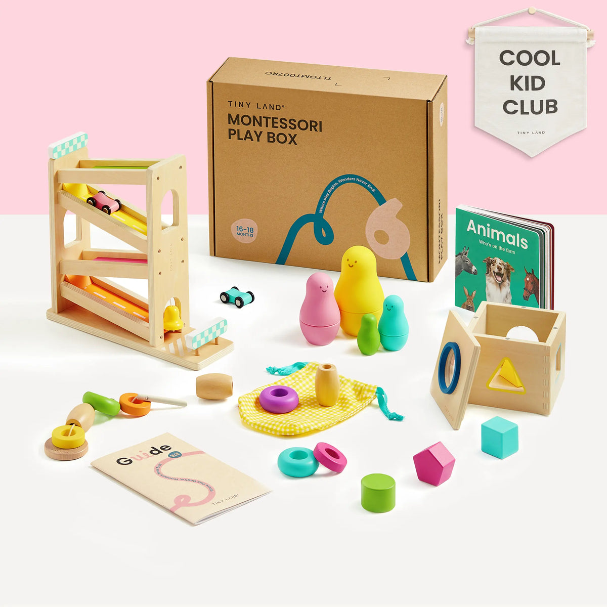 The Tiny Land® Montessori Toys for Toddlers (16–18 months) set includes wooden toys, colorful stackers, a shape sorter, rolling ramp, animal book, guide, storage bag, and a COOL KID CLUB banner in the background.