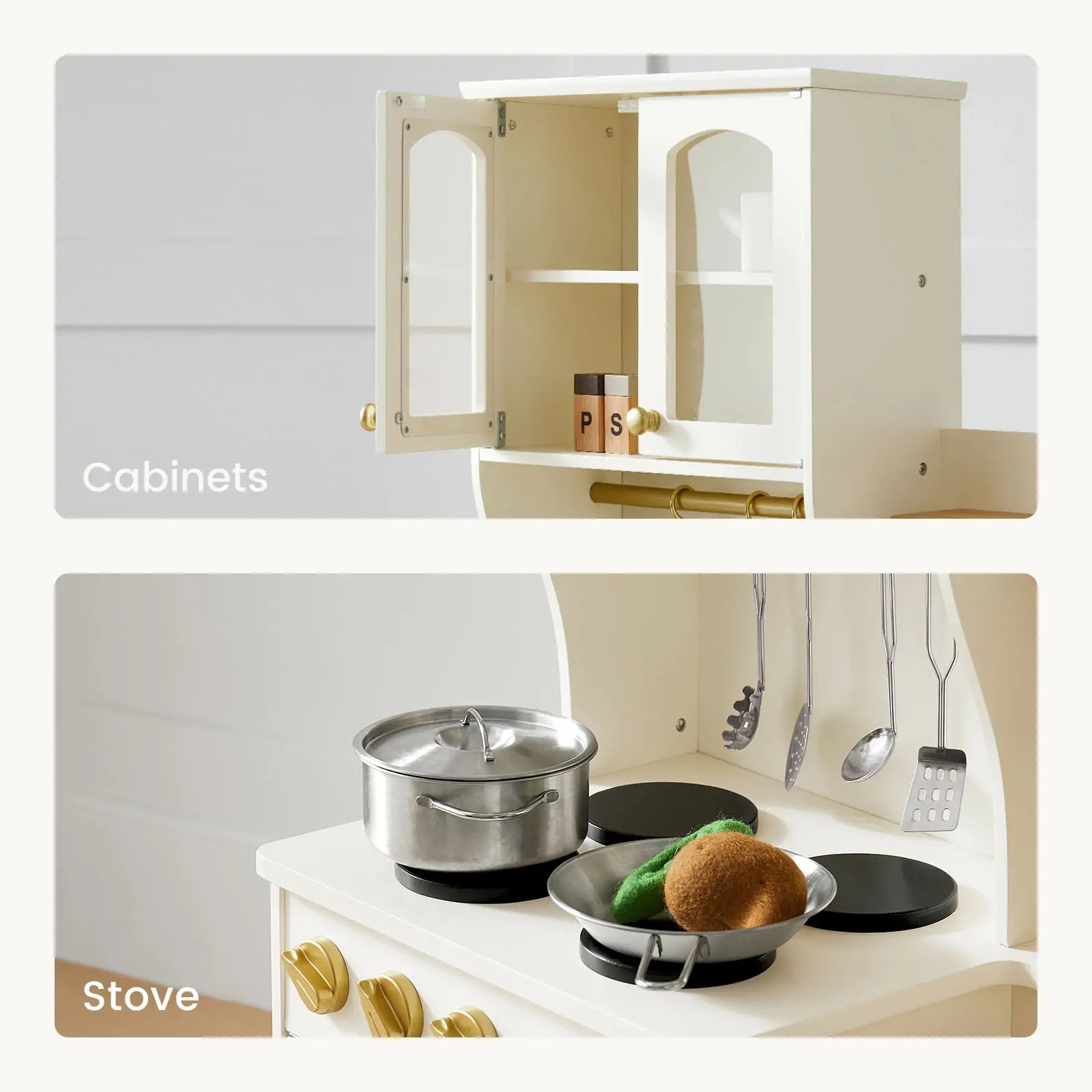 Two labeled sections display the Tiny Land® Play Kitchen with Fridge—Serenity Kitchen & Fridge Set in Cream: upper white cabinets hold spice jars; below are a stove, pots, pans, toy veggies, and utensils for imaginative play.