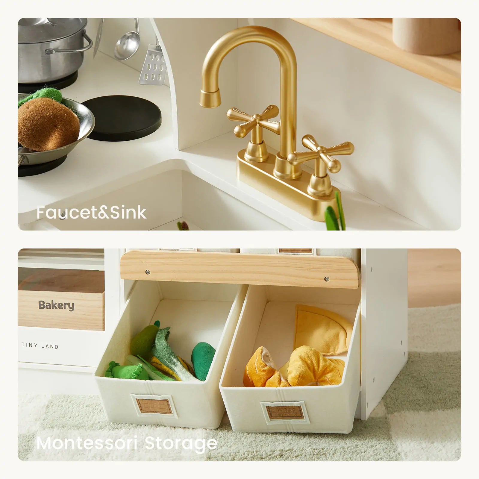 Split image: Top half features the Tiny Land® Play Kitchen with gold faucet; bottom half displays white bins with fabric food—Montessori Storage for organizing your Tiny Land® Serenity Kitchen & Fridge essentials.