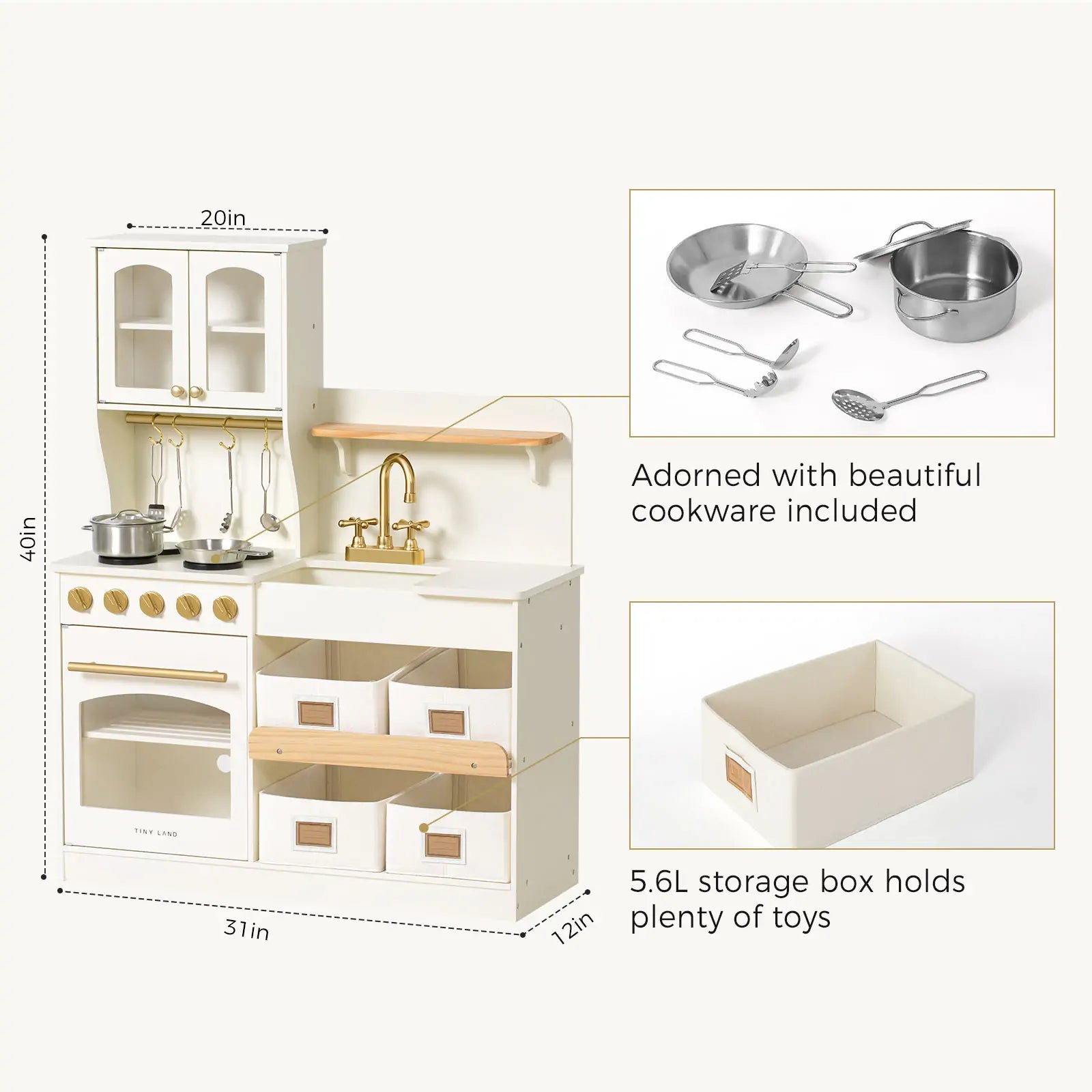 The Tiny Land® Wooden Play Kitchen features cabinets, stove, oven, and sink, measures 40H x 31W x 12D, and includes silver pretend cookware, utensils, and a 5.6L storage box—perfect for creative toddlers’ toy organization.