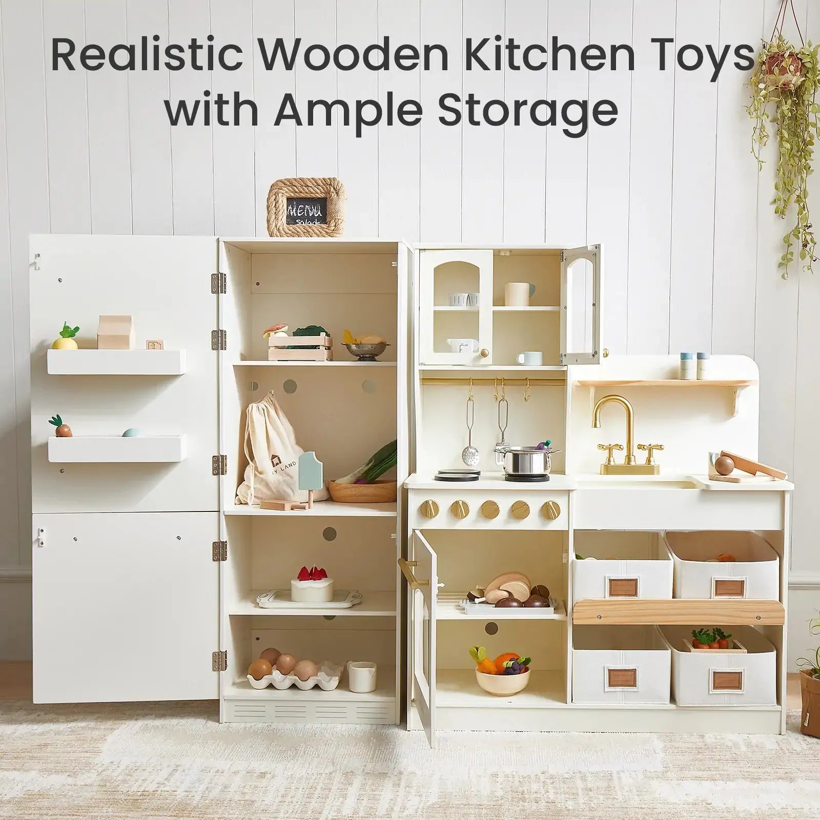 Tiny Land® Play Kitchen with Fridge – Serenity Kitchen & Fridge Set in Cream: A realistic wooden kitchen toy by Tiny Land in neutral cream, featuring shelves, cabinets, baskets, a fridge, and accessories—ideal for role-play. Text: “Realistic Wooden Kitchen Toys with Ample Storage.”.