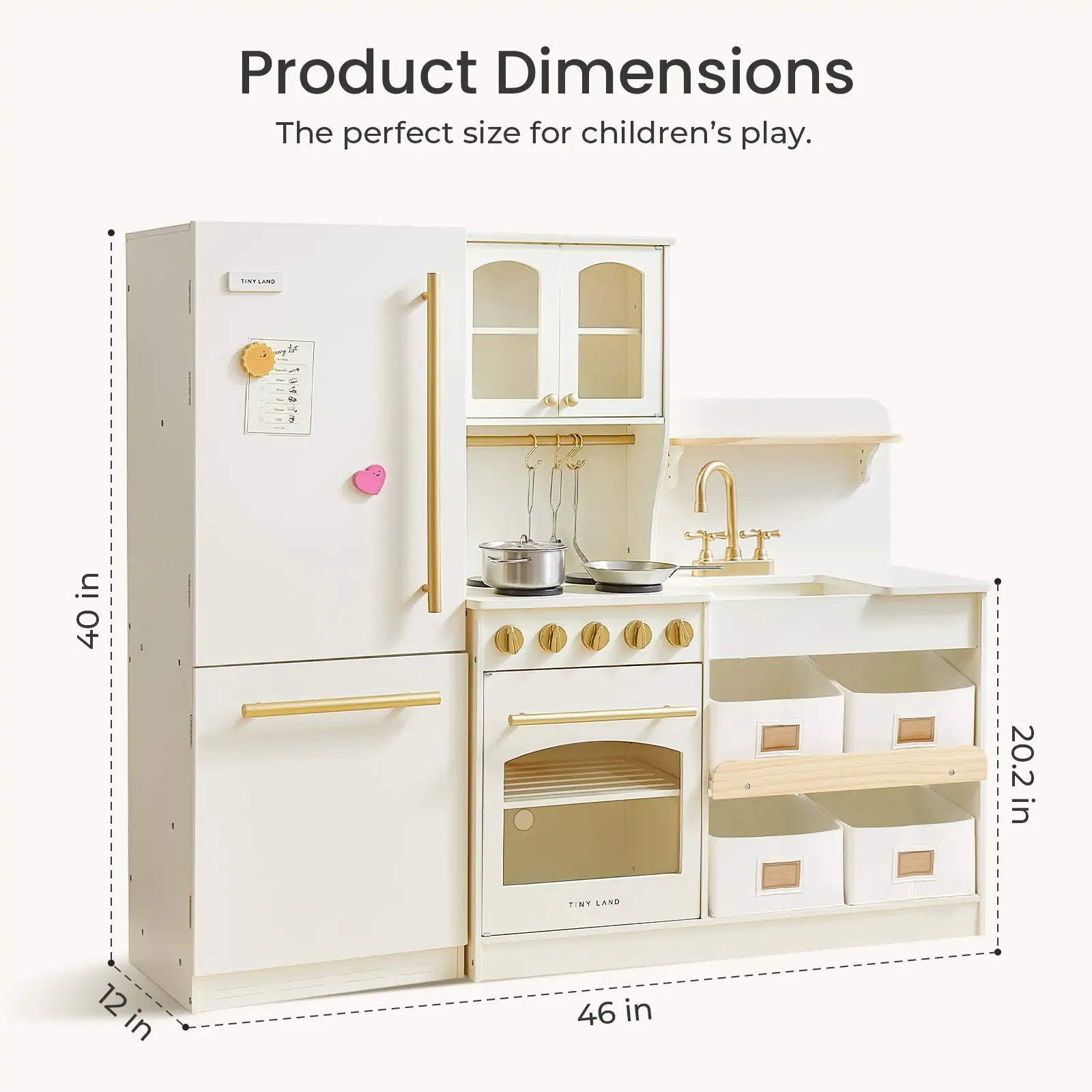 The Tiny Land® Serenity Kitchen & Fridge Set in Cream is a white and gold play kitchen with fridge, oven, stove, sink, shelves, and accessories. Dimensions: 40" H x 46" W x 20.2" D. Brand: Tiny Land. Text at the top reads Product Dimensions.