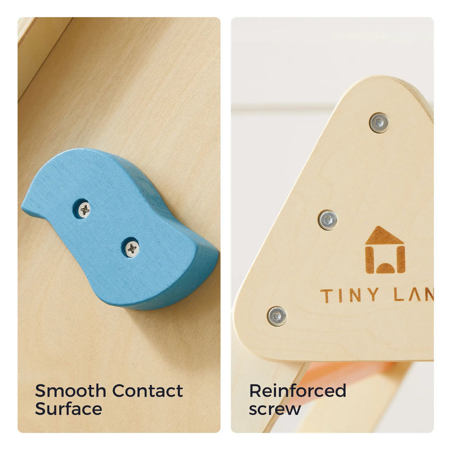 Close-up of Adventure Playground Gift Set by Tiny Land: left shows a blue bird-shaped knob with screws on light wood labeled Smooth Contact Surface; right highlights reinforced screws on a triangular part of the climbing set.|rainbow color