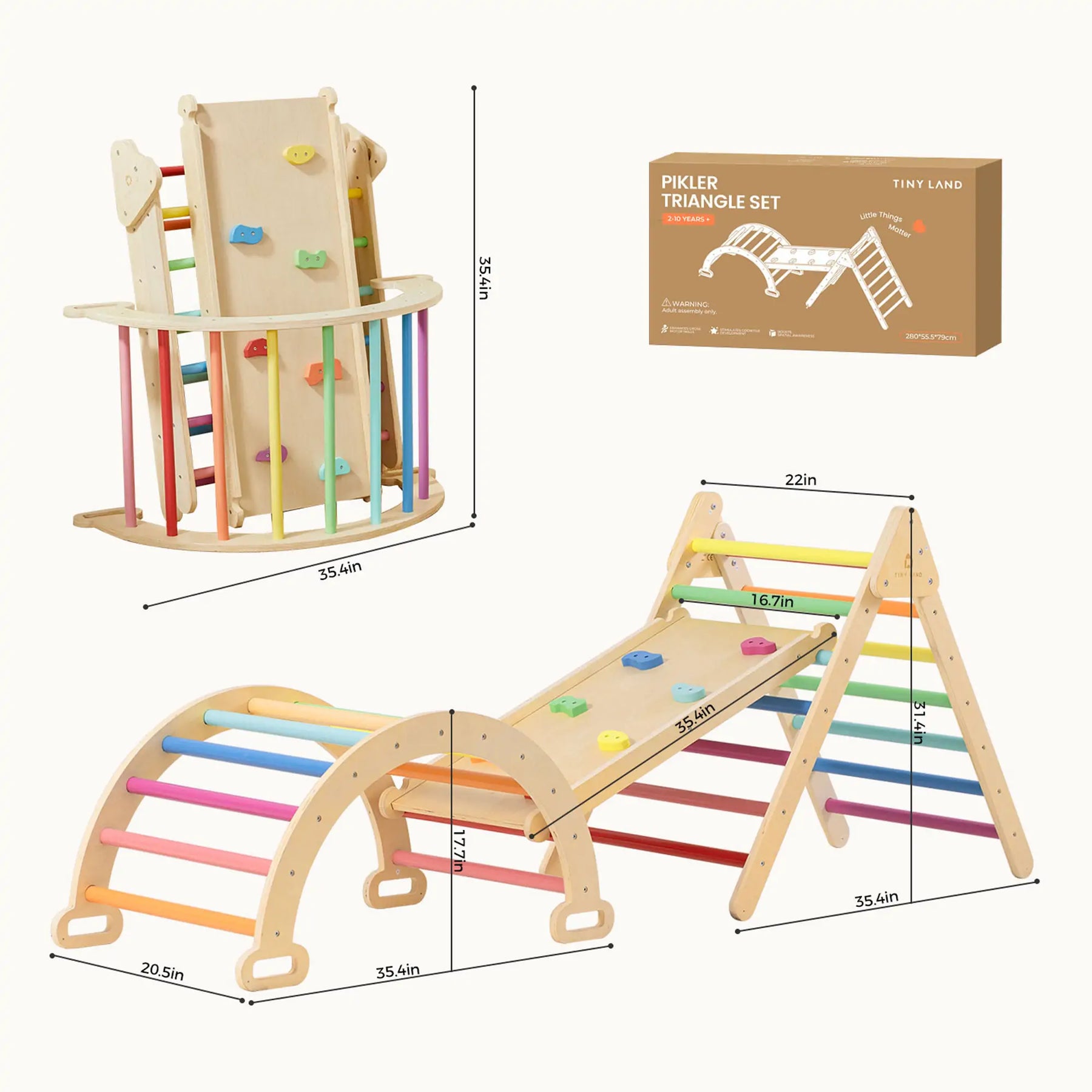 The Tiny Land® 7-in-1 Rainbow Climbing Set with Play Pad by Tiny Land includes a wooden Pikler triangle with colorful rungs, curved arch, slide with handholds, play pad, and comes in a branded box. Dimensions are shown on each structure.
