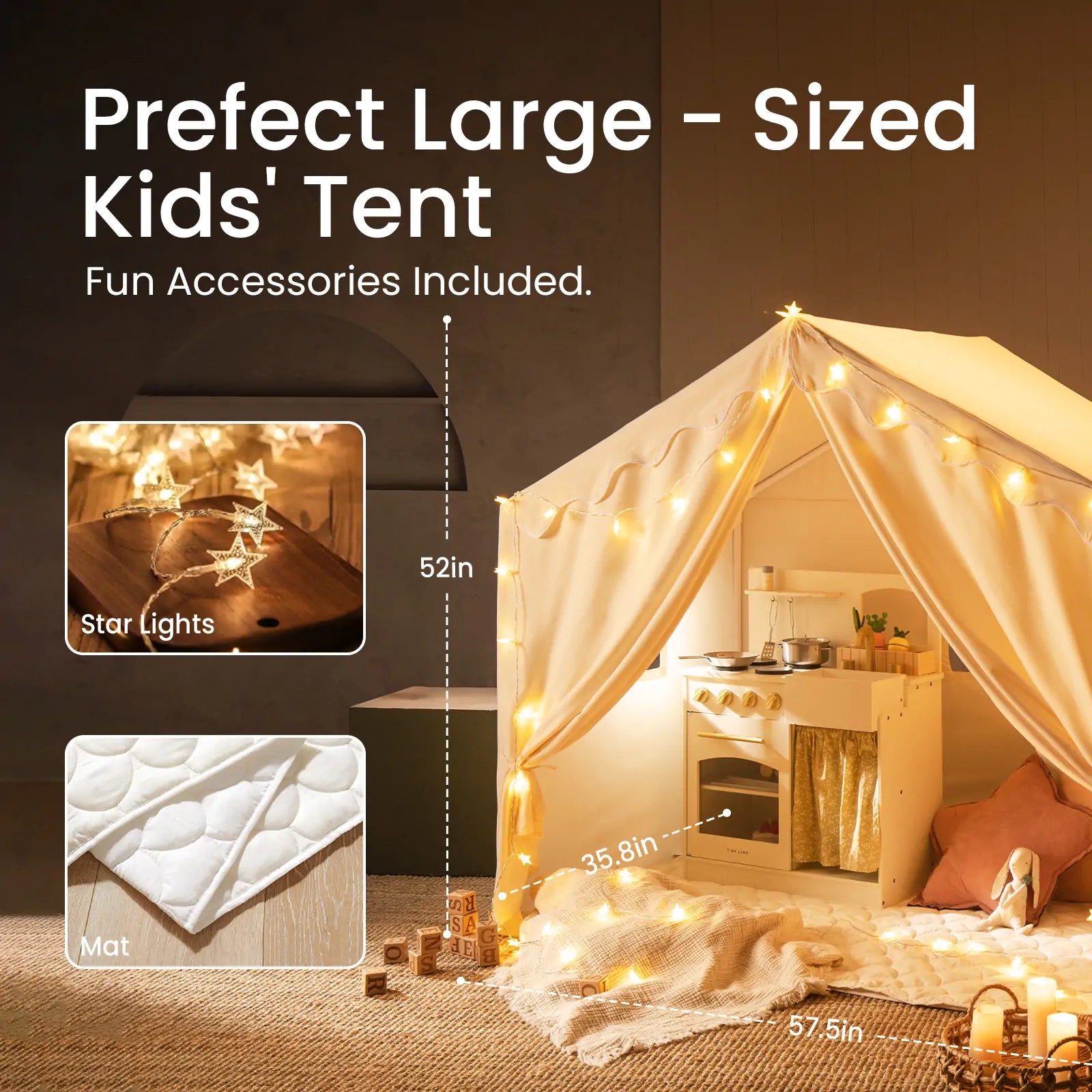 Tiny Land® Kids Tent – Large Cozy Tent with star-shaped string lights, a play kitchen, quilted mat, and cozy pillows by Tiny Land. Insets show close-ups of the lights and mat, with dimensions and text overlaid for details.