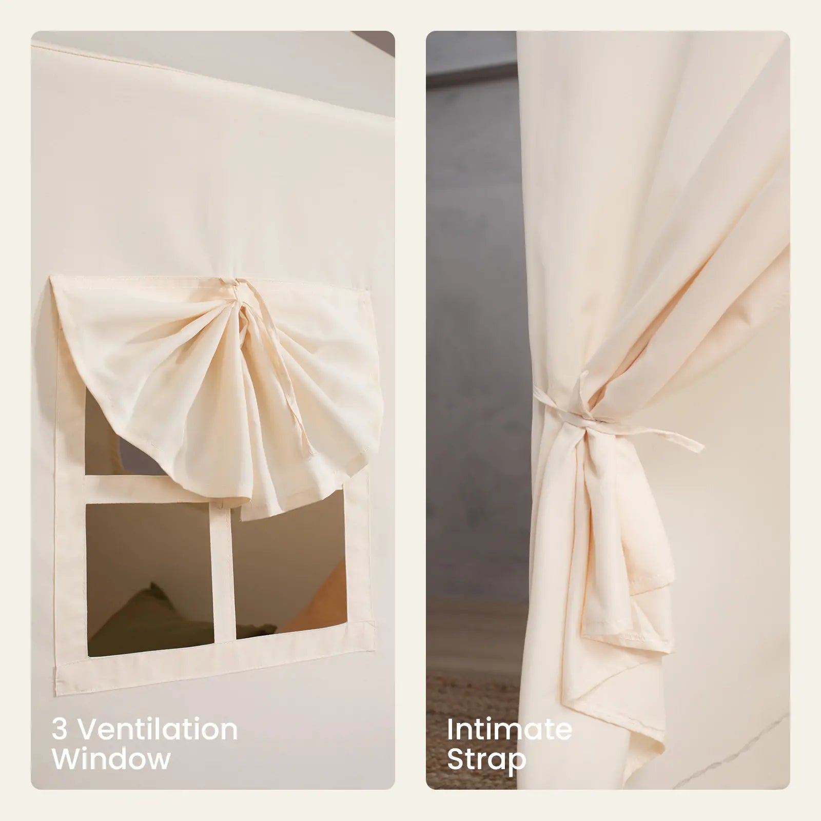 Split image of the Tiny Land® Kids Tent – Large Cozy Tent with Star Lights: left shows a window with gathered curtains, right features fabric tied back with a strap. Text highlights 3 ventilation windows and an intimate strap.
