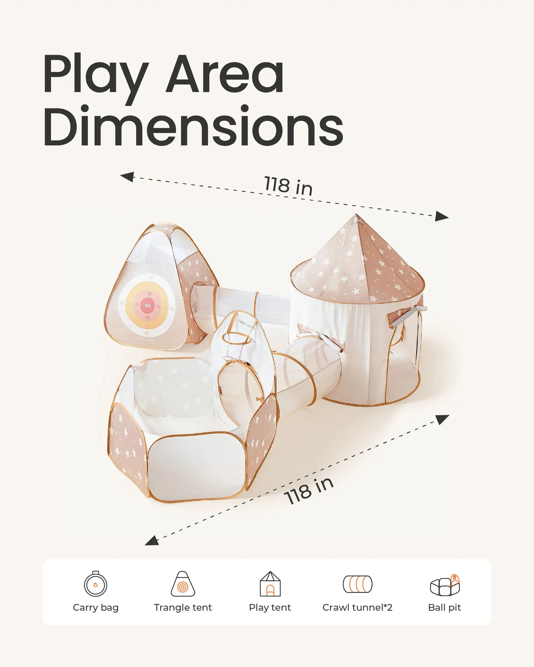 The Tiny Land® Discovery 5-in-1 Play Tunnel & Ocean Ball Set includes a triangle tent, play tunnel, two crawl tunnels, and a ball pit with ocean balls, all arranged in a 118"x118" square. Icons below label each active play feature.