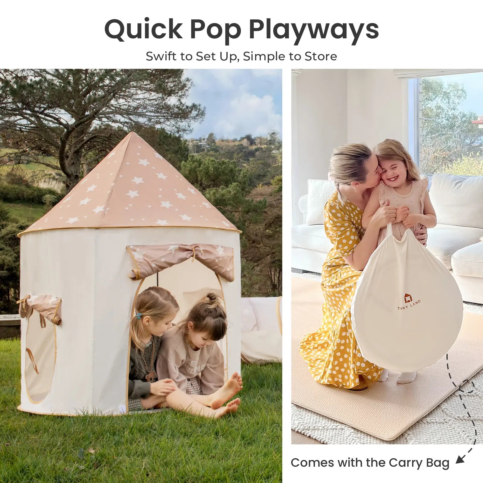 A beige Tiny Land® Discovery 5-in-1 Play Tunnel & Ocean Ball Set with a star-patterned roof stands on grass as two kids play inside. Nearby, a woman lifts a smiling child in the included carry bag. Text: "Quick Pop Playways" and "Comes with the Carry Bag".