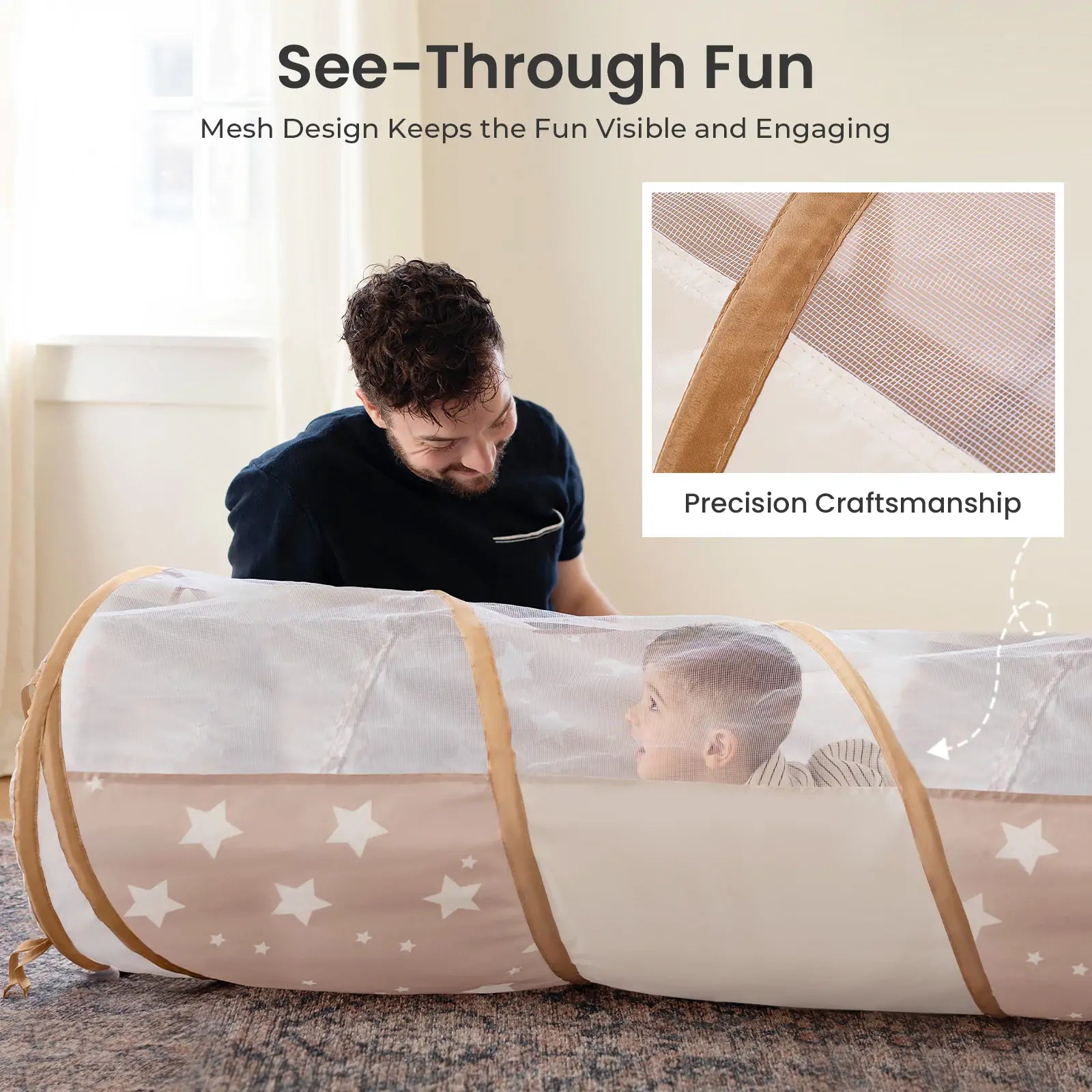A dad and child play inside the Tiny Land® Adventure Play Tunnel, which features a star pattern. The dad leans in as the child peeks out, while an inset displays the tunnel’s durable mesh and reinforced stitching from Tiny Land.