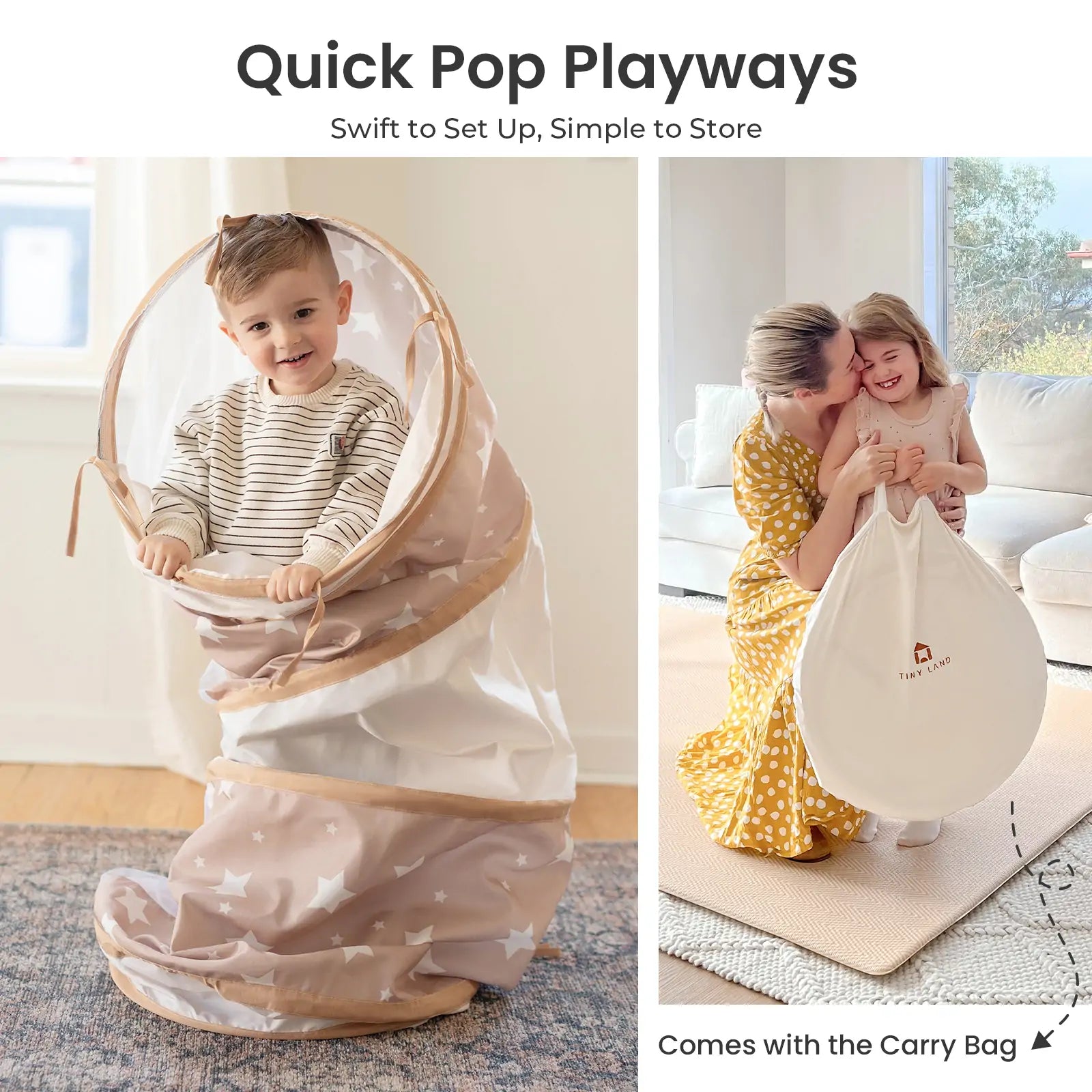 A young boy stands inside a Tiny Land® Adventure Play Tunnel, while a woman in a yellow dress hugs a smiling girl holding the round carry bag. Text reads: Tiny Land – Quick Pop Playways & Includes Carry Bag.