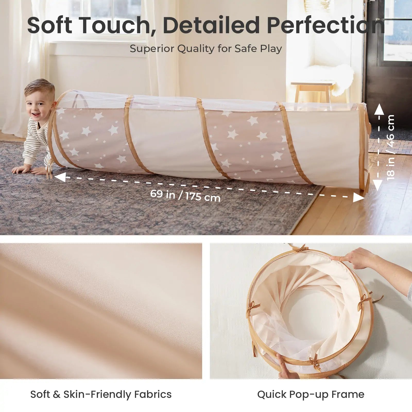 A smiling baby crawls through the Tiny Land® Adventure Play Tunnel by Tiny Land, featuring a beige fabric with white stars. This tunnel measures 69" (175 cm) long and 18" (46 cm) high, with a soft texture and quick pop-up frame for indoor or outdoor fun.