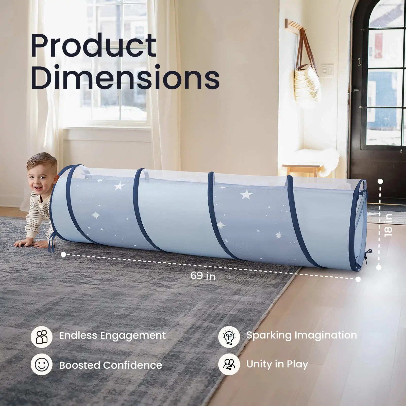 A smiling toddler crawls beside the Tiny Land® Adventure Play Tunnel - Blue by Tiny Land, decorated with stars. Measuring 69" long and 18" tall, this tunnel inspires engagement, imagination, confidence, and unity in play.