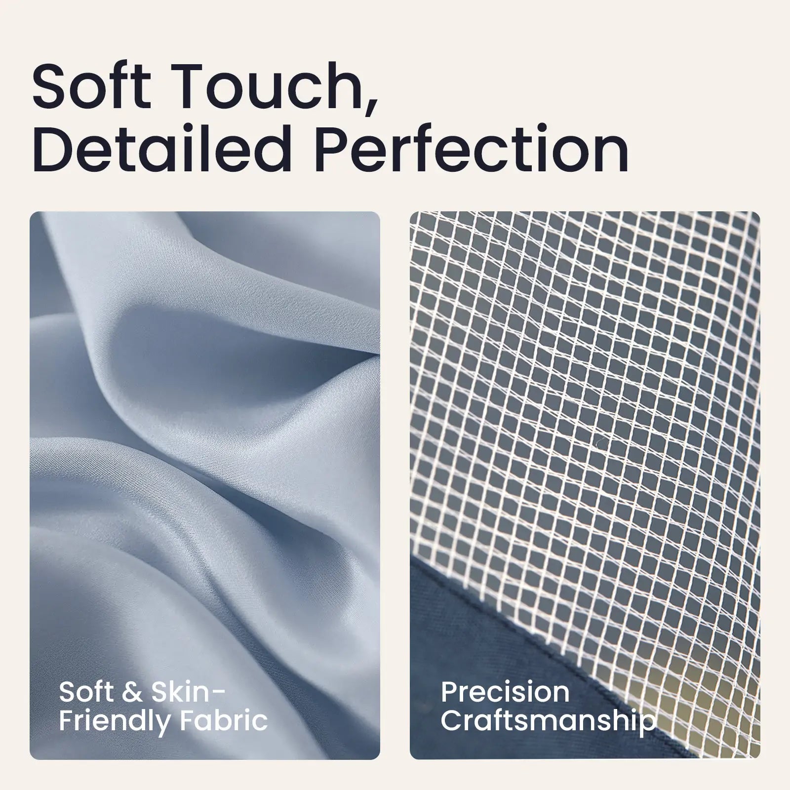 Two panels: the left shows smooth light blue fabric of the Tiny Land® Adventure Play Tunnel - Blue, labeled “Soft & Skin-Friendly Fabric”; the right shows a close-up grid, labeled “Precision Craftsmanship.” Text above: “Soft Touch, Detailed Perfection.”.