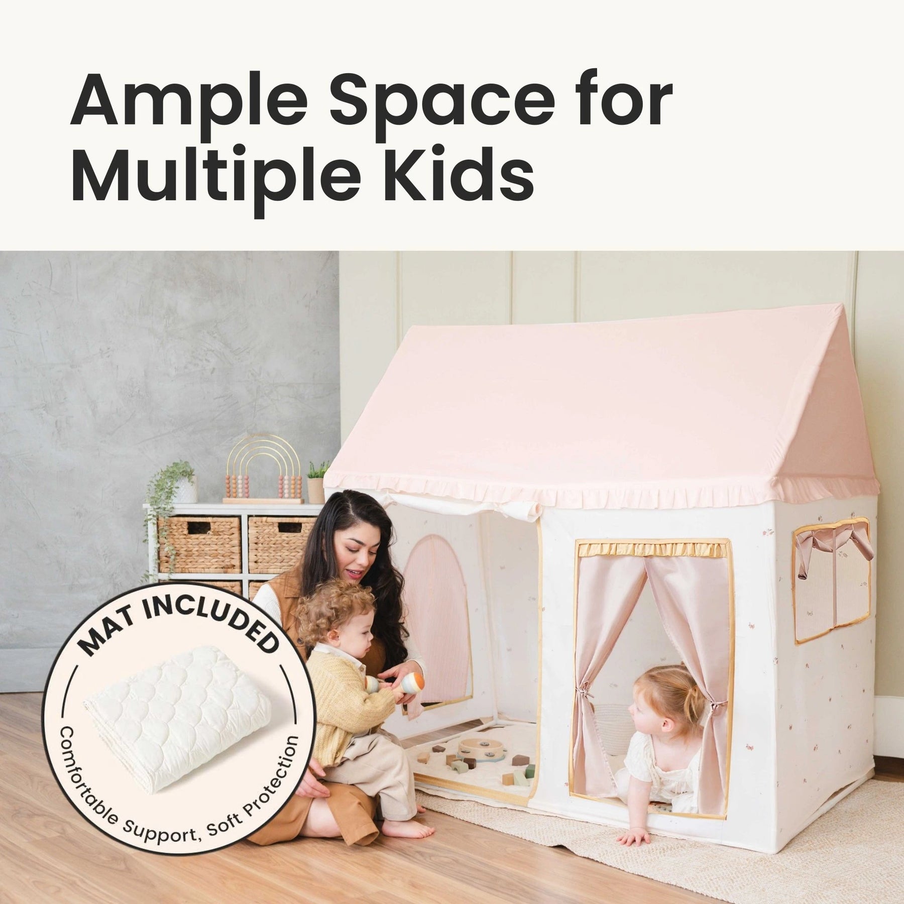 A woman plays with two children beside the Tiny Land® Sweet Citrus Kids Play Tent – White and Pink. One child is inside, one outside. Text reads Ample Space for Multiple Kids. An inset highlights a mat labeled Mat Included.