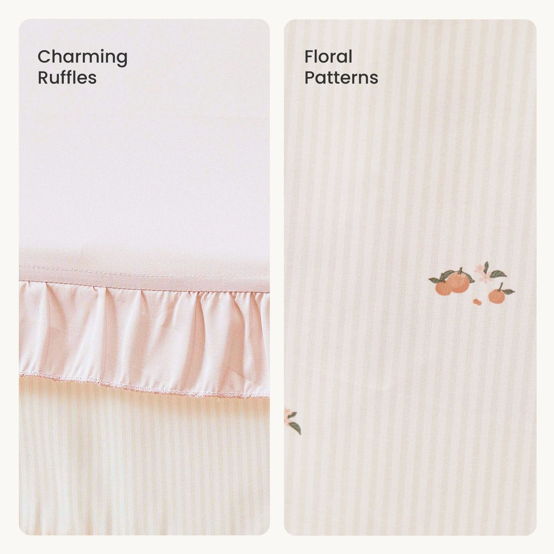 Split image: Left shows pale pink ruffled fabric labeled Tiny Land® Sweet Citrus. Right displays striped fabric with orange floral patterns—adding a citrus vibe to the Tiny Land® Sweet Citrus Kids Play Tent, ideal for indoor playhouse fun.