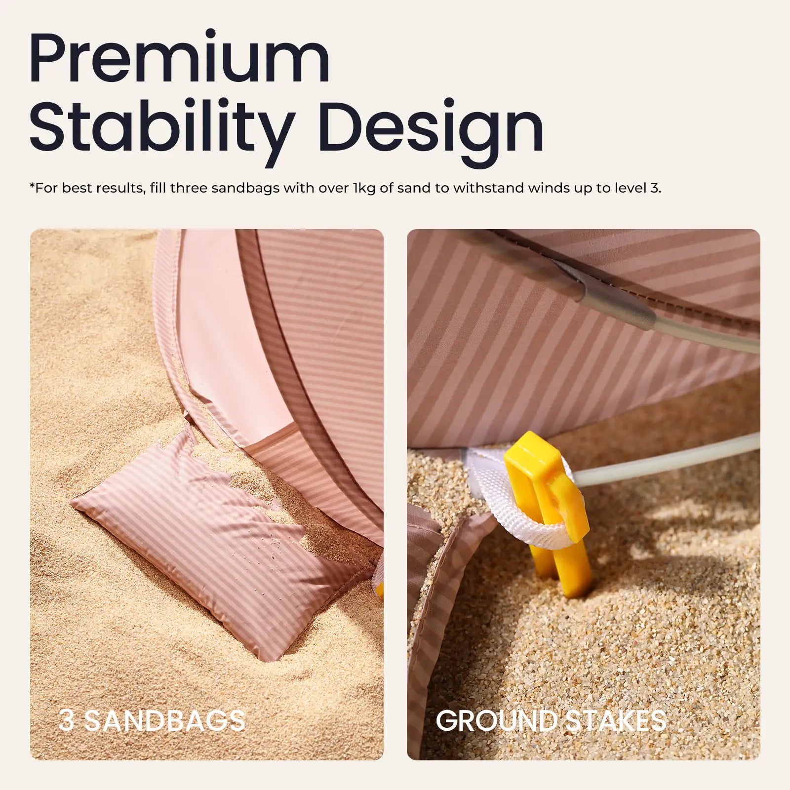 The Tiny Land® Baby Beach Tent in Blush Pink is shown secured on sand with a sandbag and yellow ground stake, highlighting its UV protection and Premium Stability Design for outdoor fun. Recommended by Tiny Land for safe, stable use.