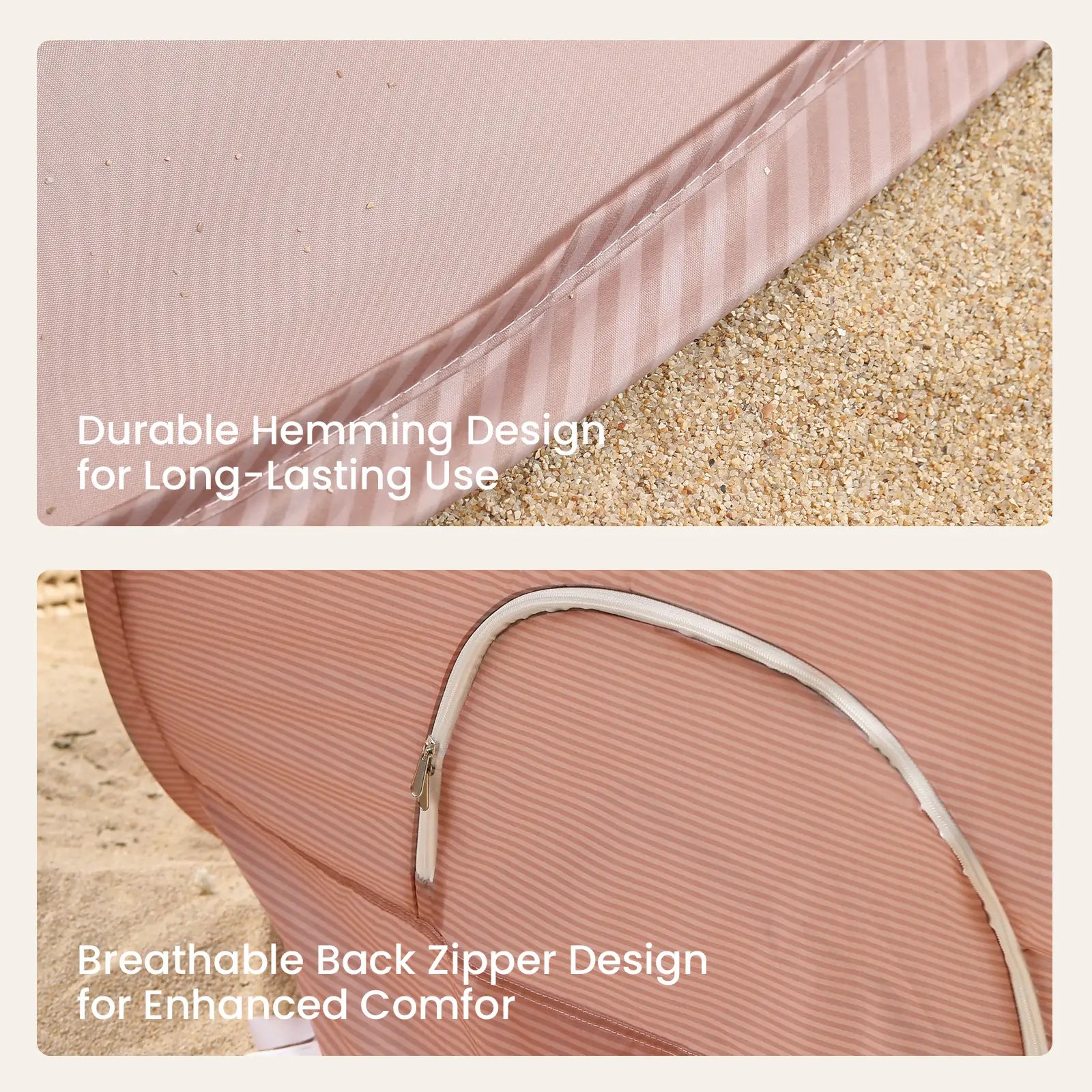 Close-up images of the Tiny Land® Baby Beach Tent in blush pink on sand, showcasing durable hemming, UV protection, and a breathable back zipper. Text highlights these features for outdoor fun. Brand: Tiny Land.
