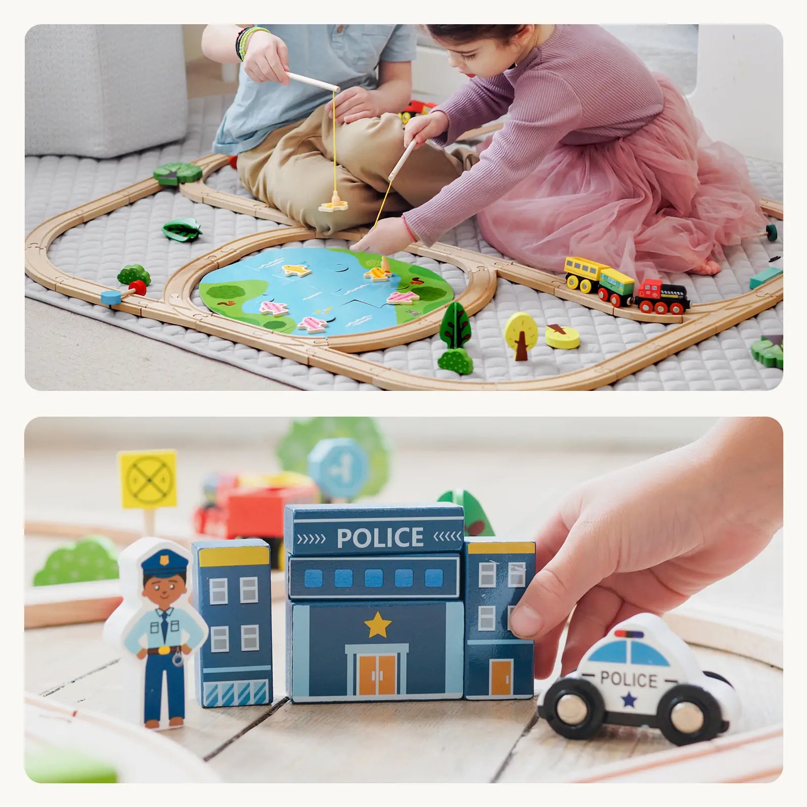 Two children play on a city play mat with the Tiny Land® 110-Piece Wooden Train Set with Folding Storage Box. Below, a hand holds a wooden police station toy beside a police car and officer figure from Tiny Land.