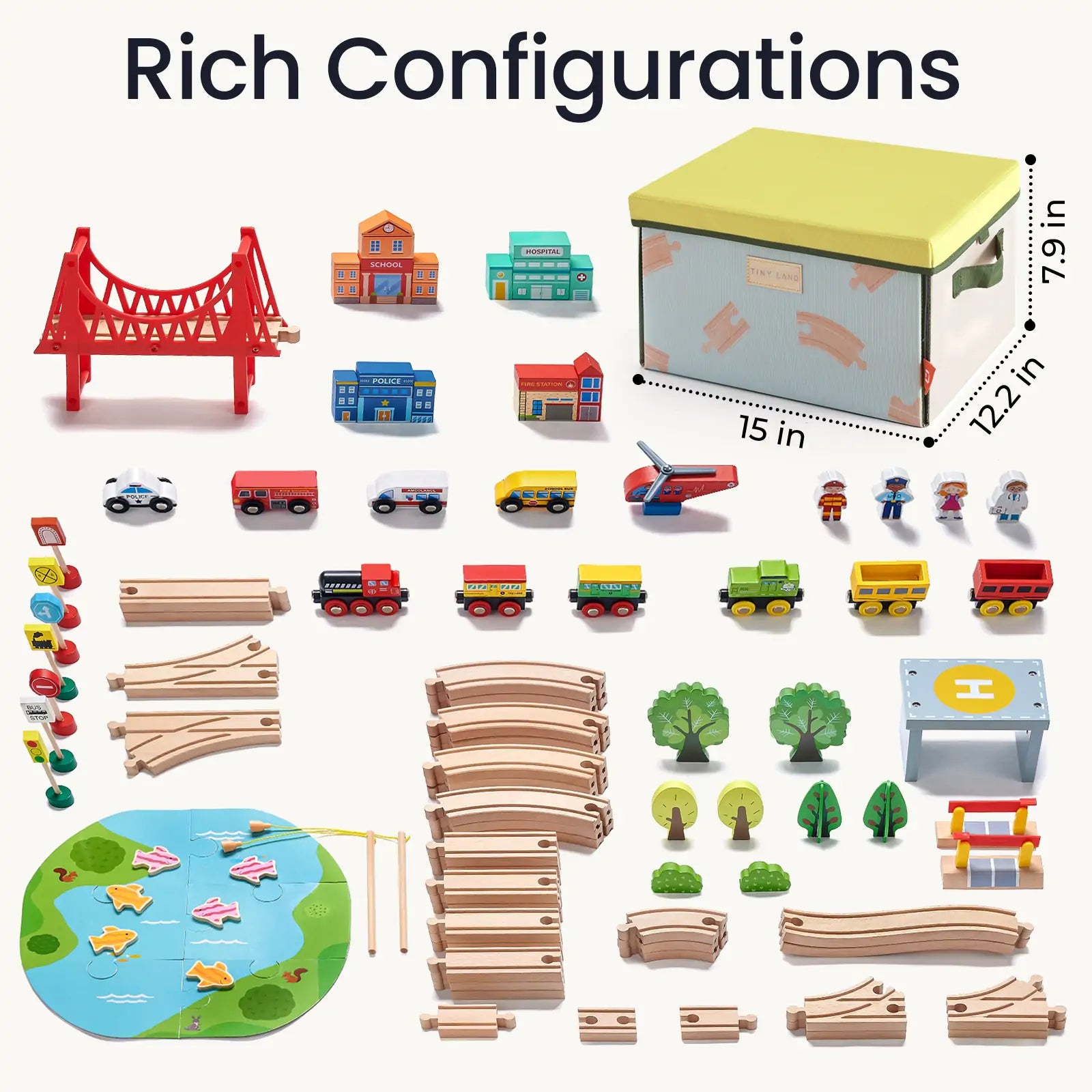 Tiny Land® 110-Piece Wooden Train Set with trains, cars, buildings, trees, tracks, bridges, city play mat, and a folding storage box (15 x 12.2 x 7.9 inches), all neatly arranged under Rich Configurations text by Tiny Land.