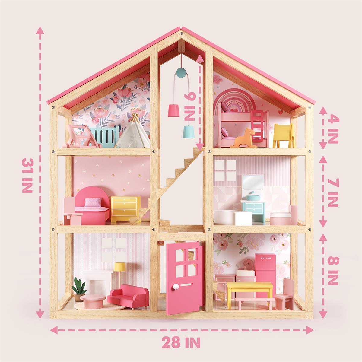 The Tiny Land® Sweetwood Love Dollhouse for girls features pink accents, decorated rooms, and furniture. It stands 31 tall by 28 wide with floor heights of 9, 7, 8, and 4—ideal for imaginative play. Dolls not included.