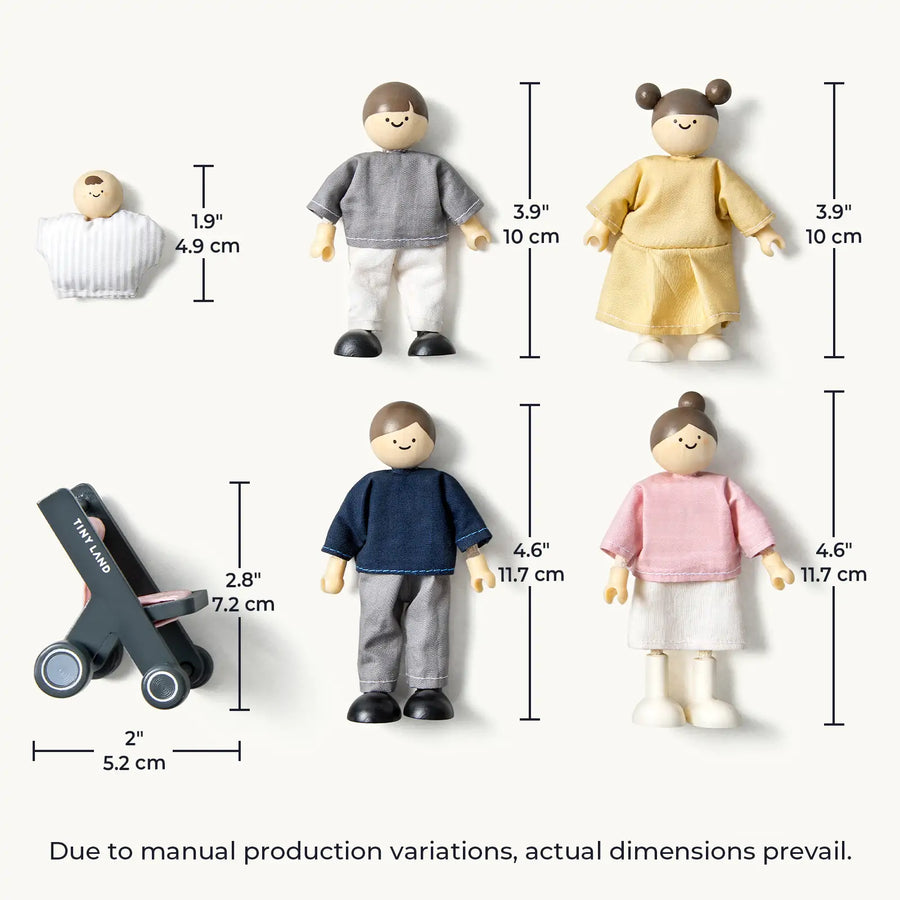 Five Tiny Land® Wooden Dollhouse Dolls in different sizes and outfits are displayed with a toy stroller. Each has measurements in inches and centimeters, noting slight size variations from manual production. Brand: Tiny Land.