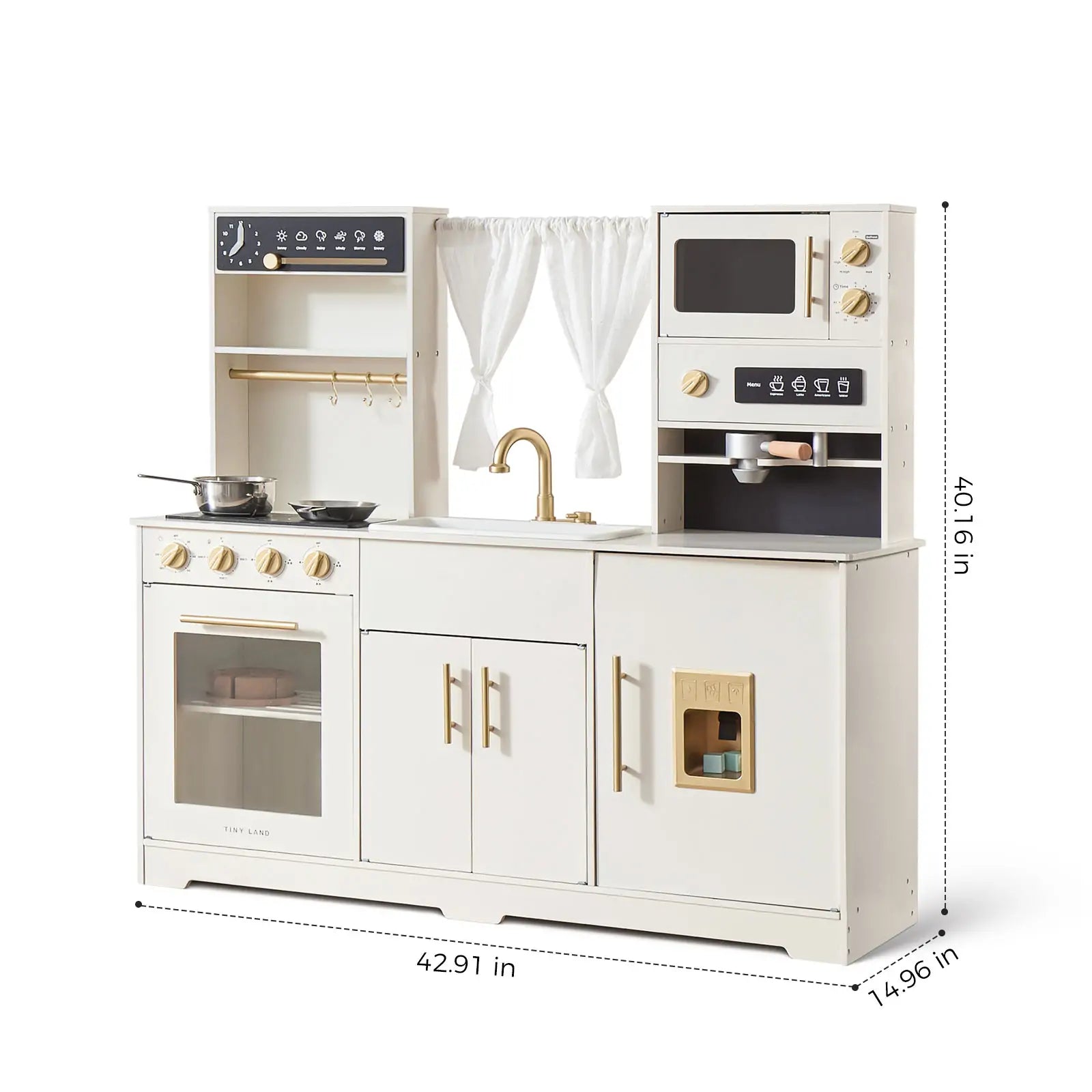 The Tiny Land® Play Kitchen with Running Water - Iconic Aqua Kitchen in Cream features gold accents, stove, oven, sink, cupboards, microwave, coffee maker, pots, and curtains. Size: 42.91W x 14.96D x 40.16H. Perfect for pretend play!.