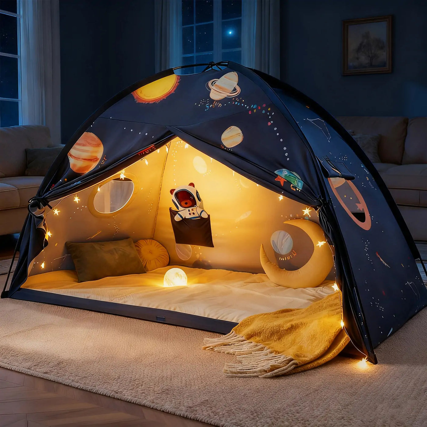 The Tiny Land® SpaceNest Bed Tent by Tiny Land creates a cozy kids' space-themed nook in the living room, complete with string lights, star and planet pillows, a glowing night light, mat, yellow blanket, and rug.